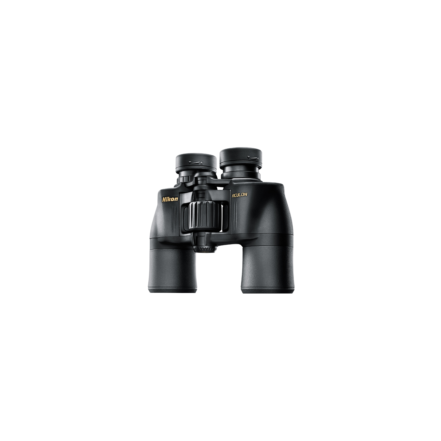 Schwarzes Nikon Aculon Fernglas auf weißem Hintergrund. Das Fernglas hat zwei Okulare und zwei Objektive.