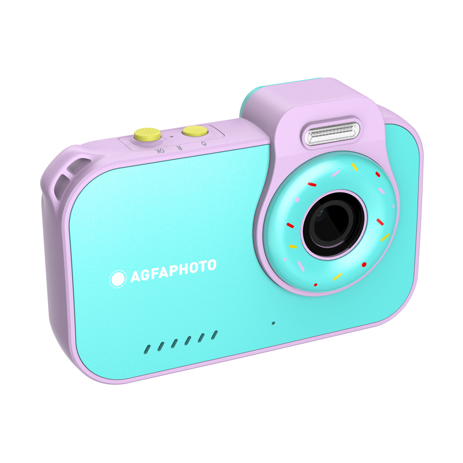 Kolorowy aparat zabawkowy z obiektywem w kształcie pączka. Jest turkusowy, fioletowy i różowy. Ma przyciski i logo 'AGFAPHOTO'.