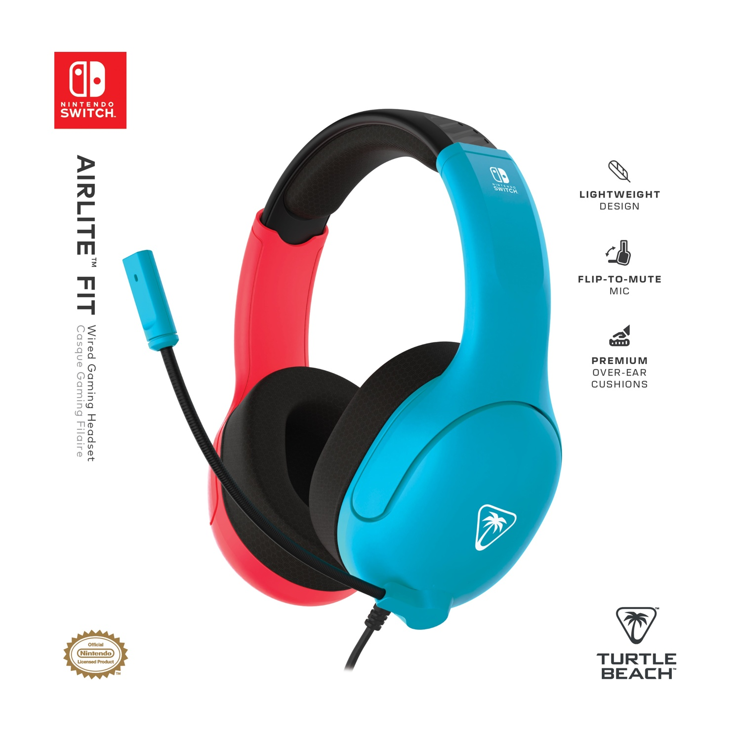 Een gaming headset met rode en blauwe oorschelpen. Een Nintendo Switch-logo is zichtbaar, met de tekst 'AIRLITE FIT' en het 'TURTLE BEACH'-logo.