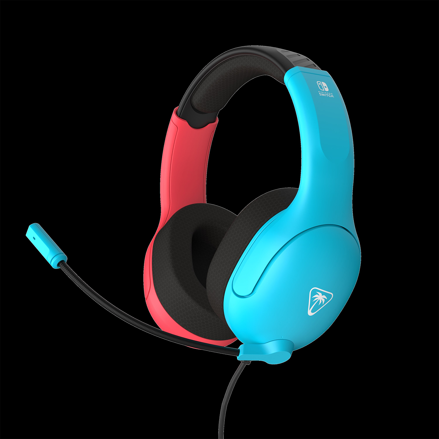 Een gaming headset met een blauw en rood kleurenschema. Het heeft een microfoon en een kabel. Het Nintendo Switch logo is zichtbaar.