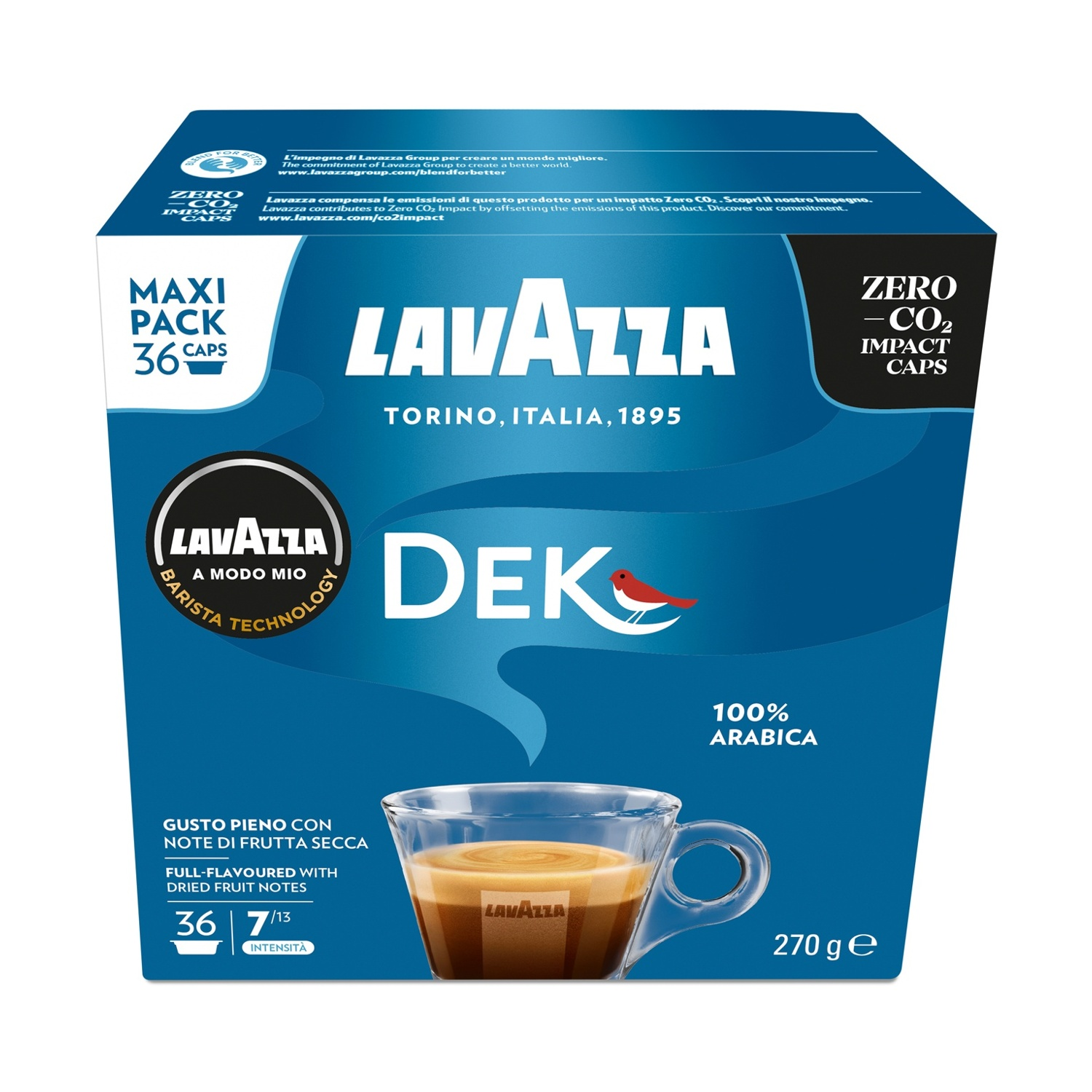 Lavazza Kaffeepackung mit Kaffeetasse. Text enthält 'DEK', '100% Arabica' und '36 Kapseln'.