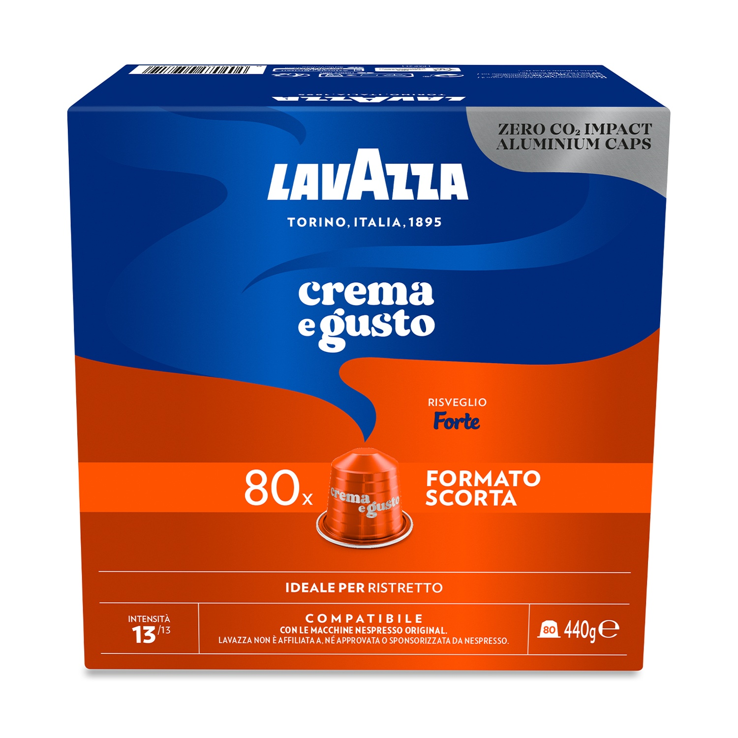 Lavazza Kaffee-Box. Blau und orange. Enthält 80 Kapseln. Sagt 'crema e gusto', 'Forte' und '440g e'.