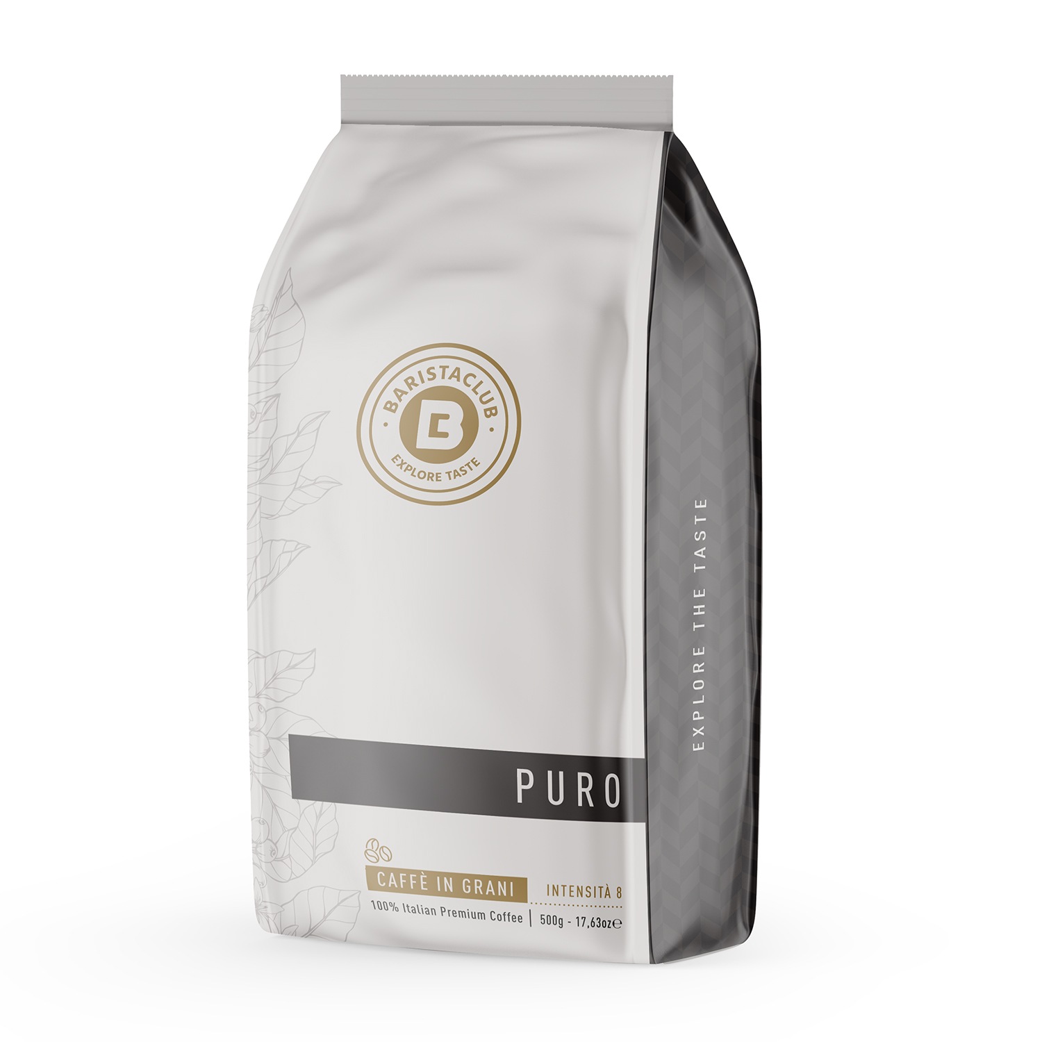 Kaffeepackung mit Barista Club Logo, 'PURO'-Etikett und 'Caffè in Grani'. Es steht 100% italienischer Premiumkaffee, 500g.