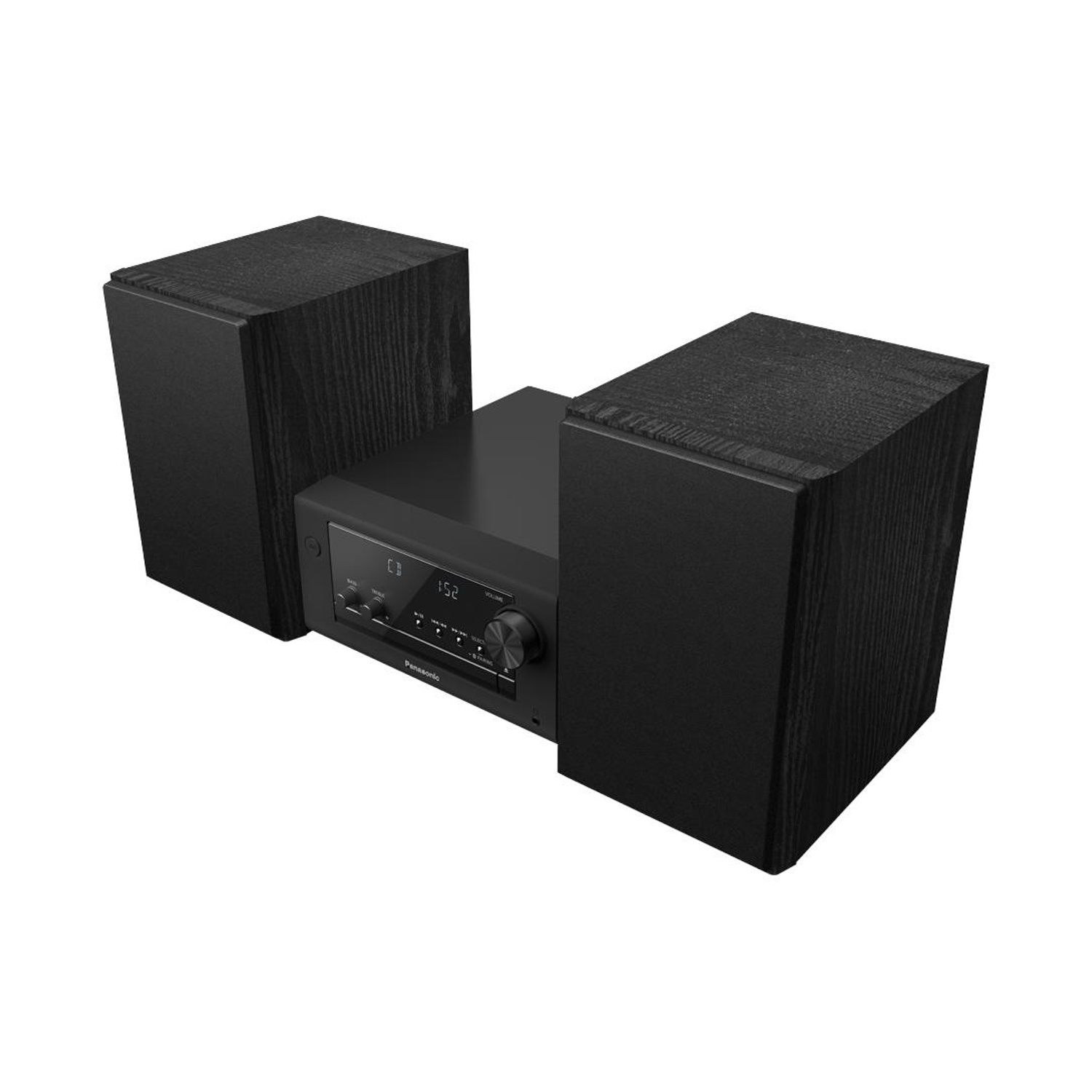 Ein schwarzes Stereoanlage mit zwei Lautsprechern auf beiden Seiten. Die Zentraleinheit hat ein Display und Bedienelemente. Panasonic-Logo sichtbar.