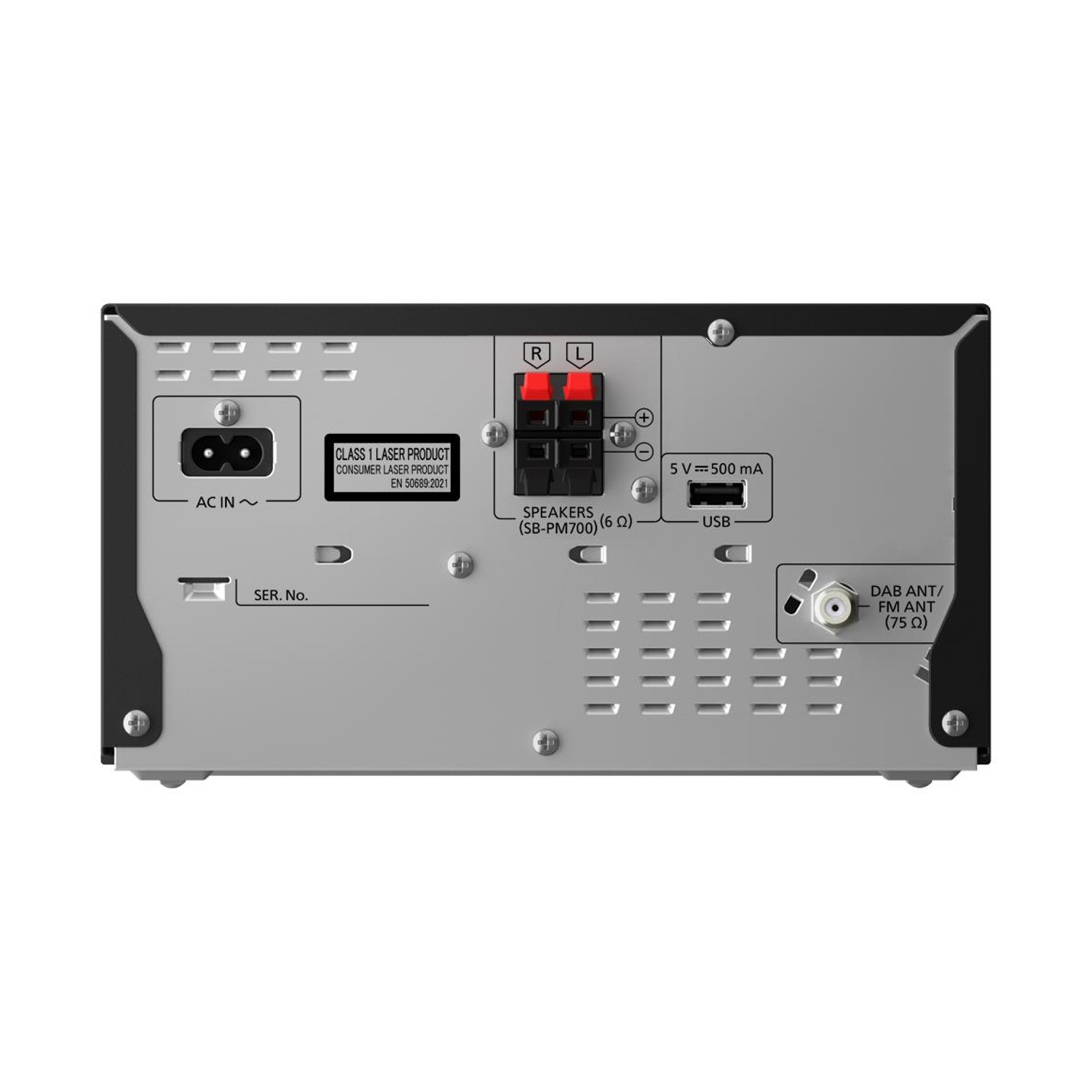 Rückseite eines schwarzen und silbernen Audio-Receivers. Merkmale: Stromeingang, Lautsprecheranschlüsse, USB-Anschluss und Antenneneingang. Verschiedene Etiketten und Anschlüsse.
