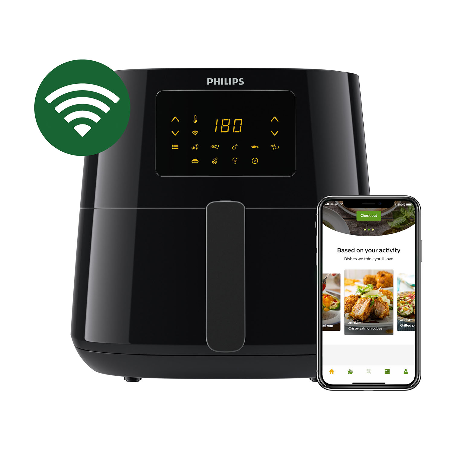 Czarna frytkownica Philips z ekranem wyświetlającym 180. Telefon wyświetla aplikację z sugestiami przepisów. Obecny jest symbol Wi-Fi.