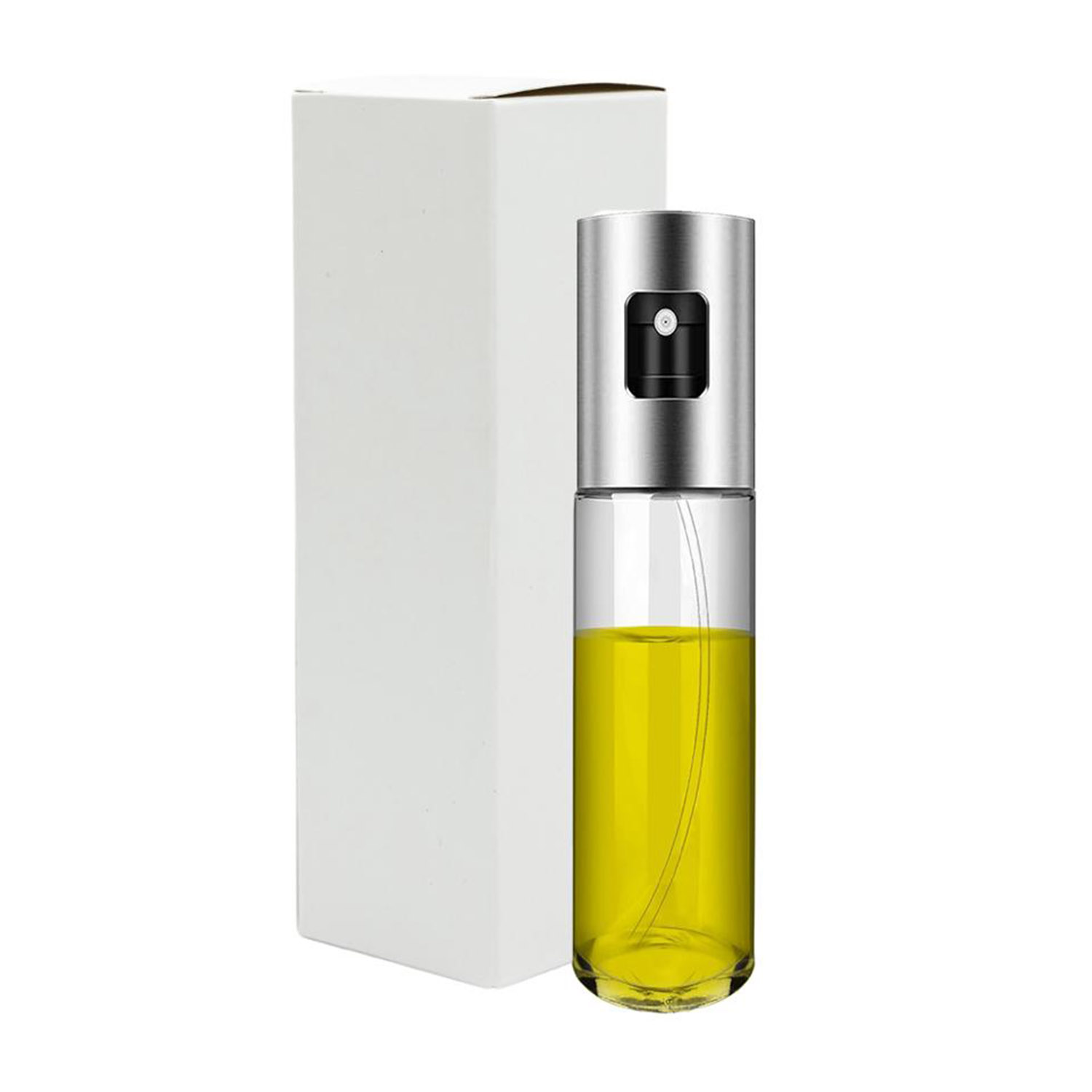 Un flacone spray per olio con una scatola bianca. La bottiglia è trasparente con olio giallo. Ha un tappo argentato.