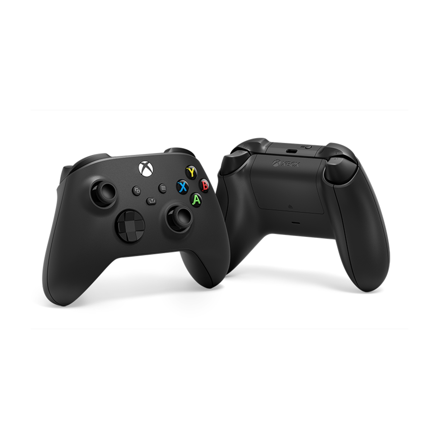 Dwa czarne kontrolery Xbox. Jeden pokazuje przyciski funkcyjne (A, B, X, Y), krzyżak i joysticki. Drugi pokazuje tył.