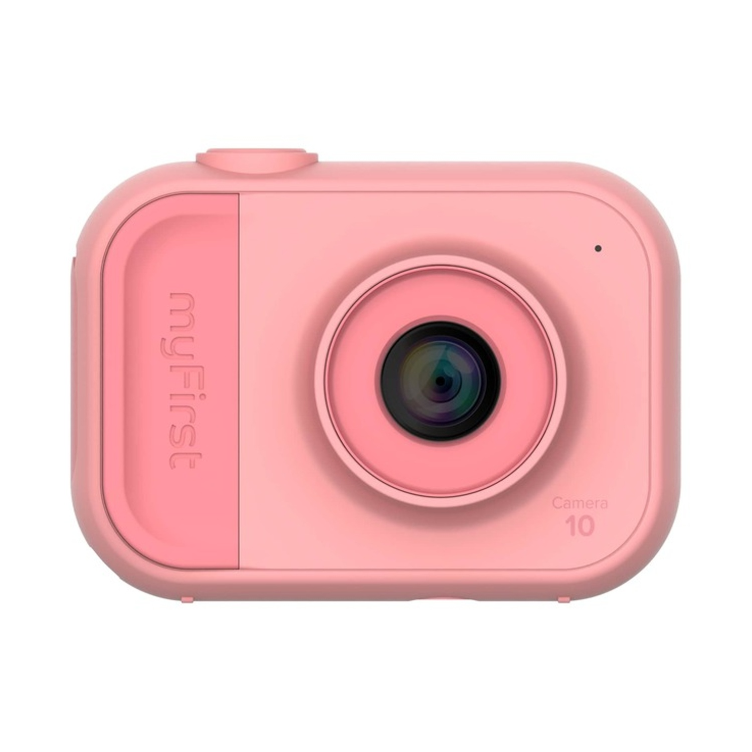 Een roze myFirst camera. Het heeft een lens, een knop en het woord "myFirst" aan de zijkant. De camera is rechthoekig met afgeronde hoeken.