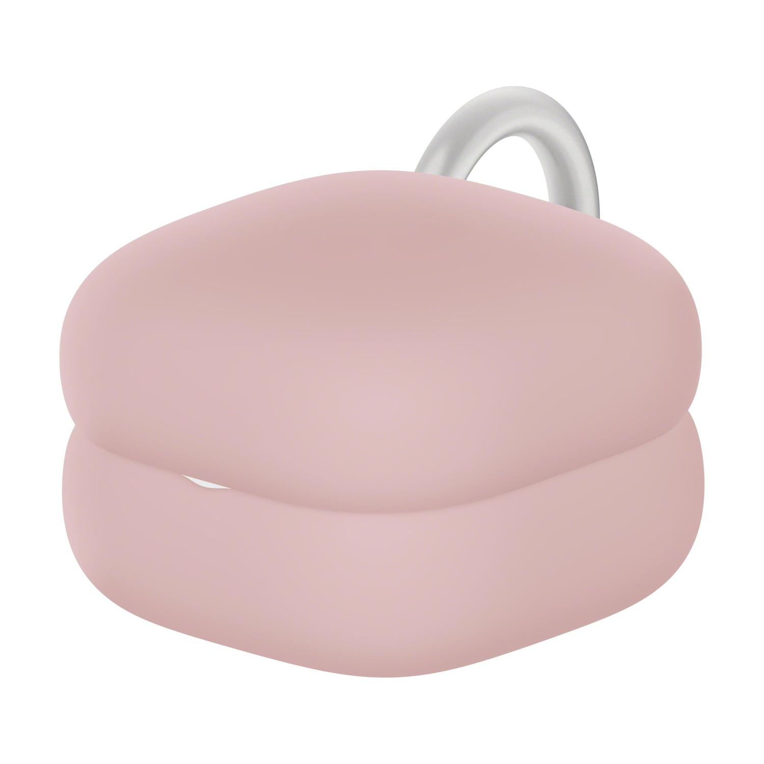 Ein rosa, wolkenförmiges Objekt mit einem silbernen Griff auf weißem Hintergrund. Es scheint eine stilisierte Illustration zu sein.