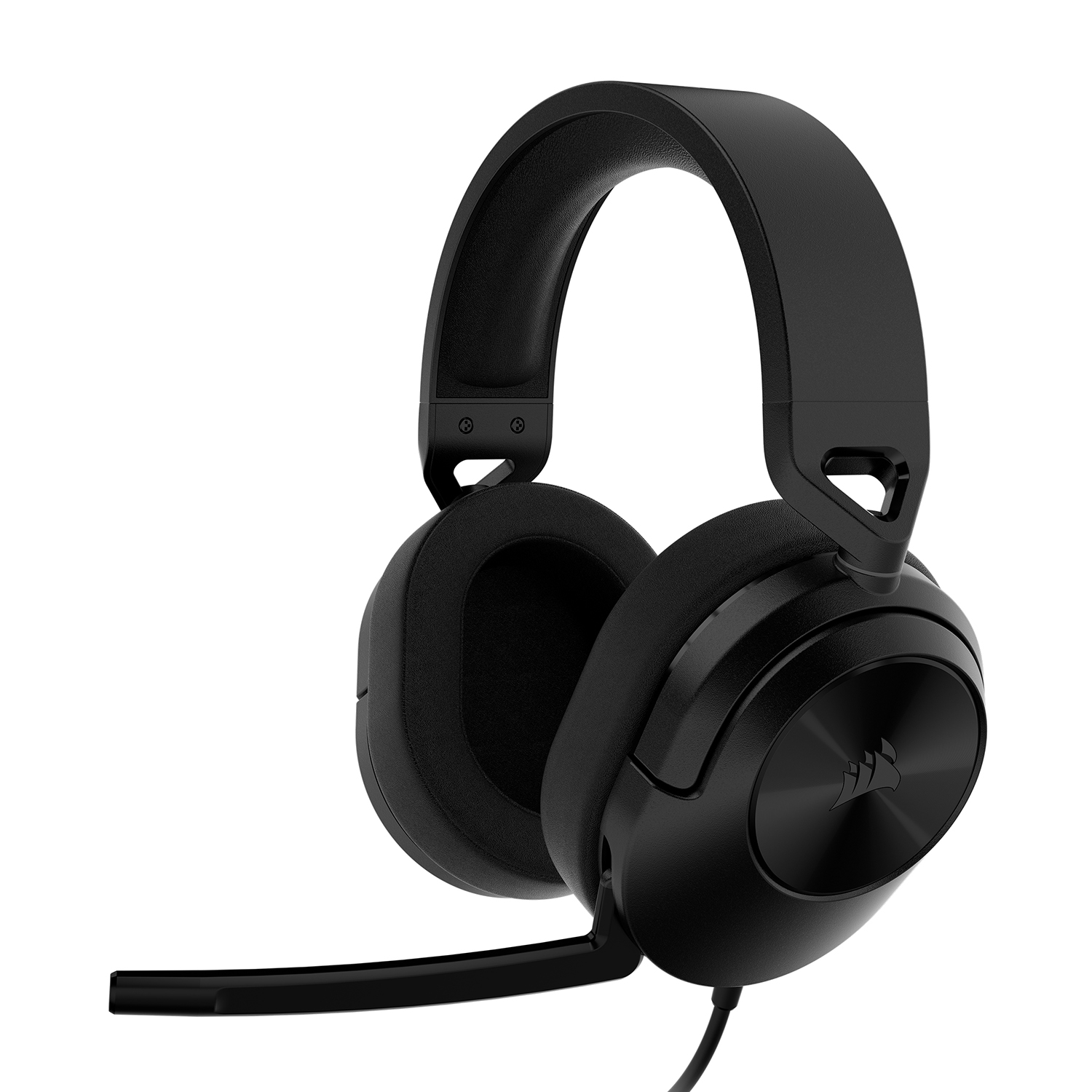 Auriculares para juegos negros con micrófono. Los auriculares tienen un diseño circumaural. El fondo es blanco.