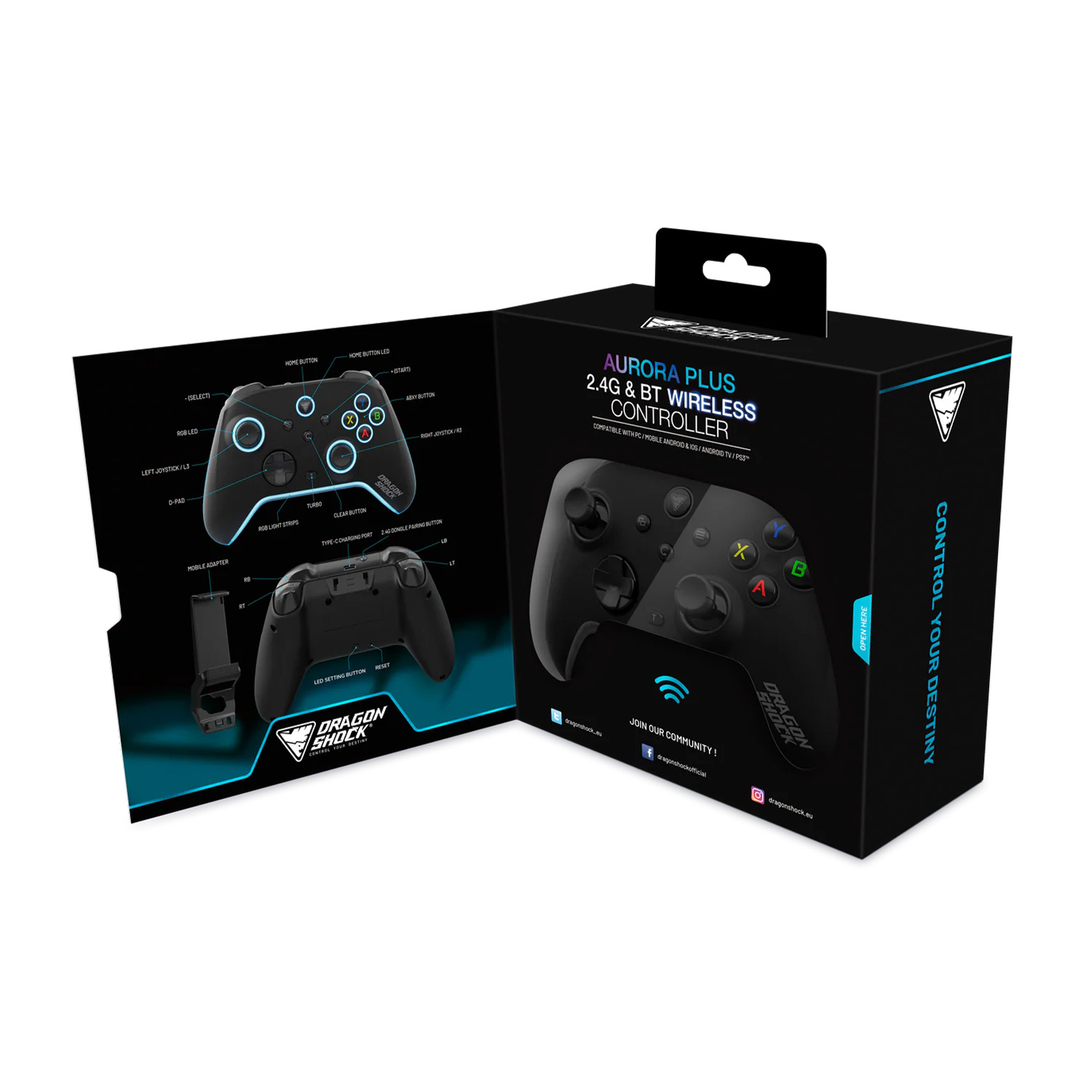 Caja negra del controlador Dragon Shock. Muestra el controlador, las funciones y el texto: Aurora Plus 2.4G & BT Wireless Controller.