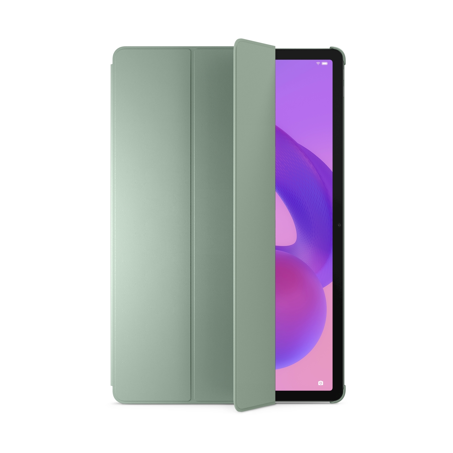 Ein Tablet mit grüner Hülle ist teilweise geöffnet und zeigt einen Bildschirm mit violettem und rosa Hintergrund.