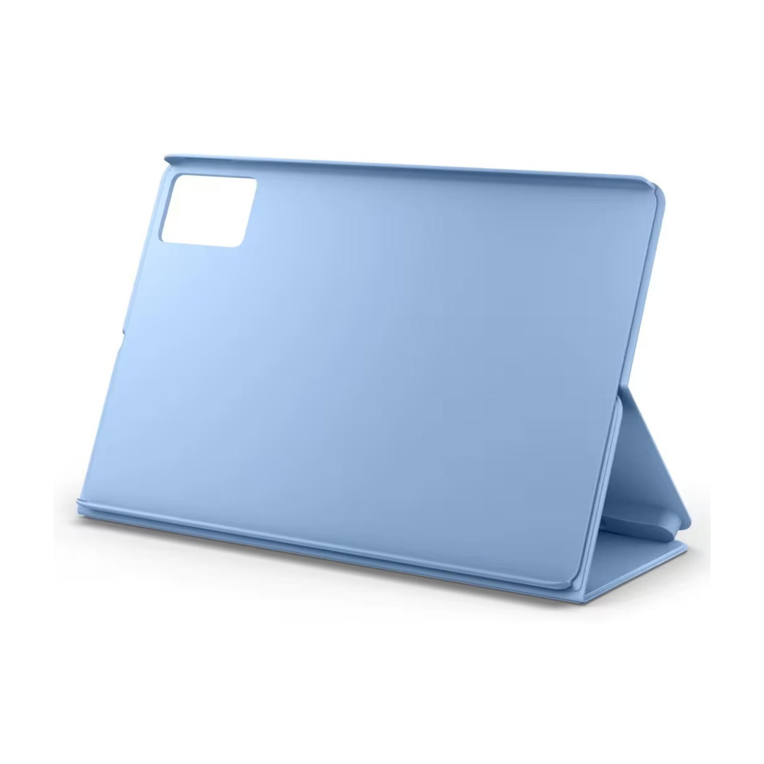 Eine hellblaue Tablet-Hülle steht vor weißem Hintergrund. Sie hat einen Ausschnitt für eine Kamera und einen Ständer.