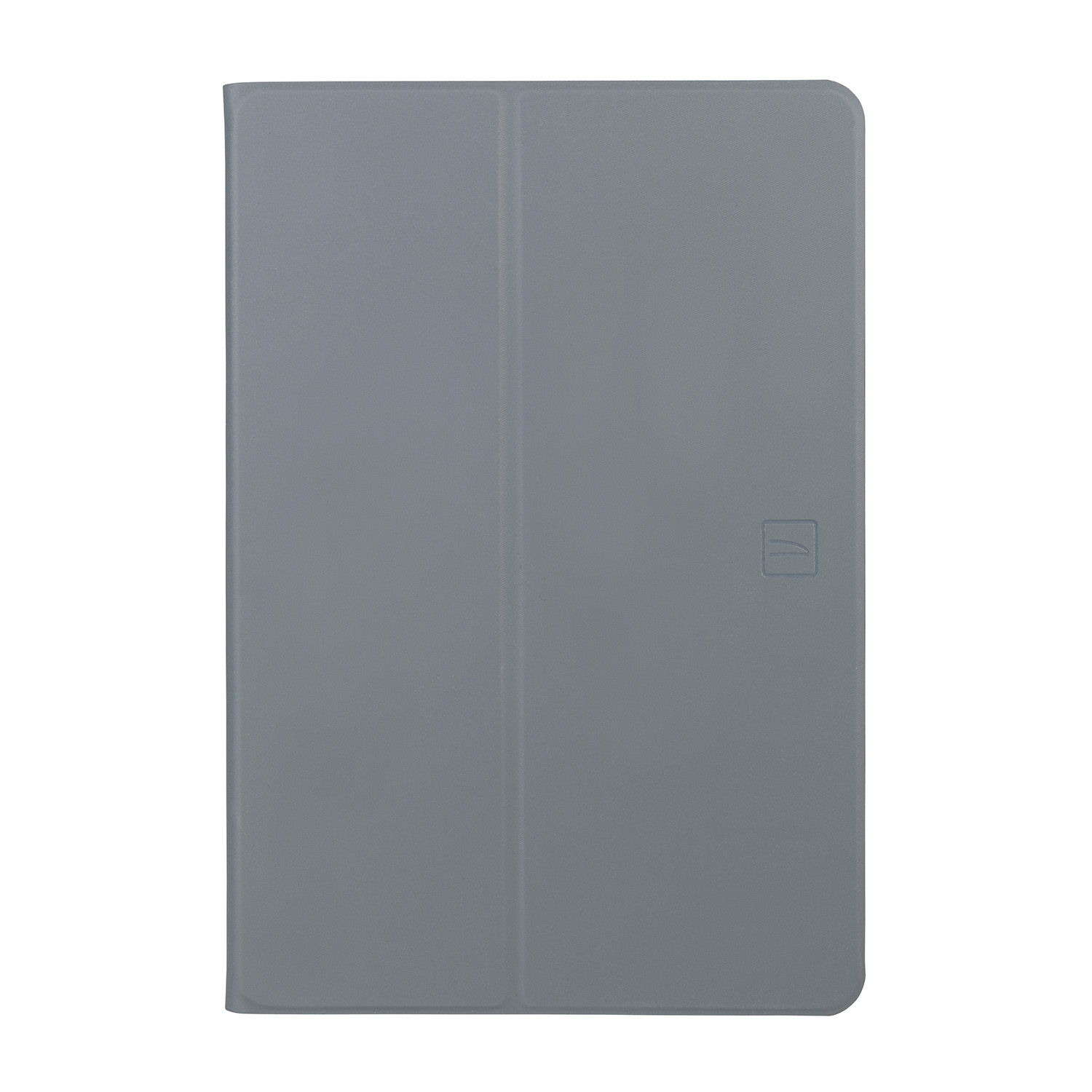 Custodia grigia per tablet su sfondo bianco. Rettangolare, con piega verticale al centro.
