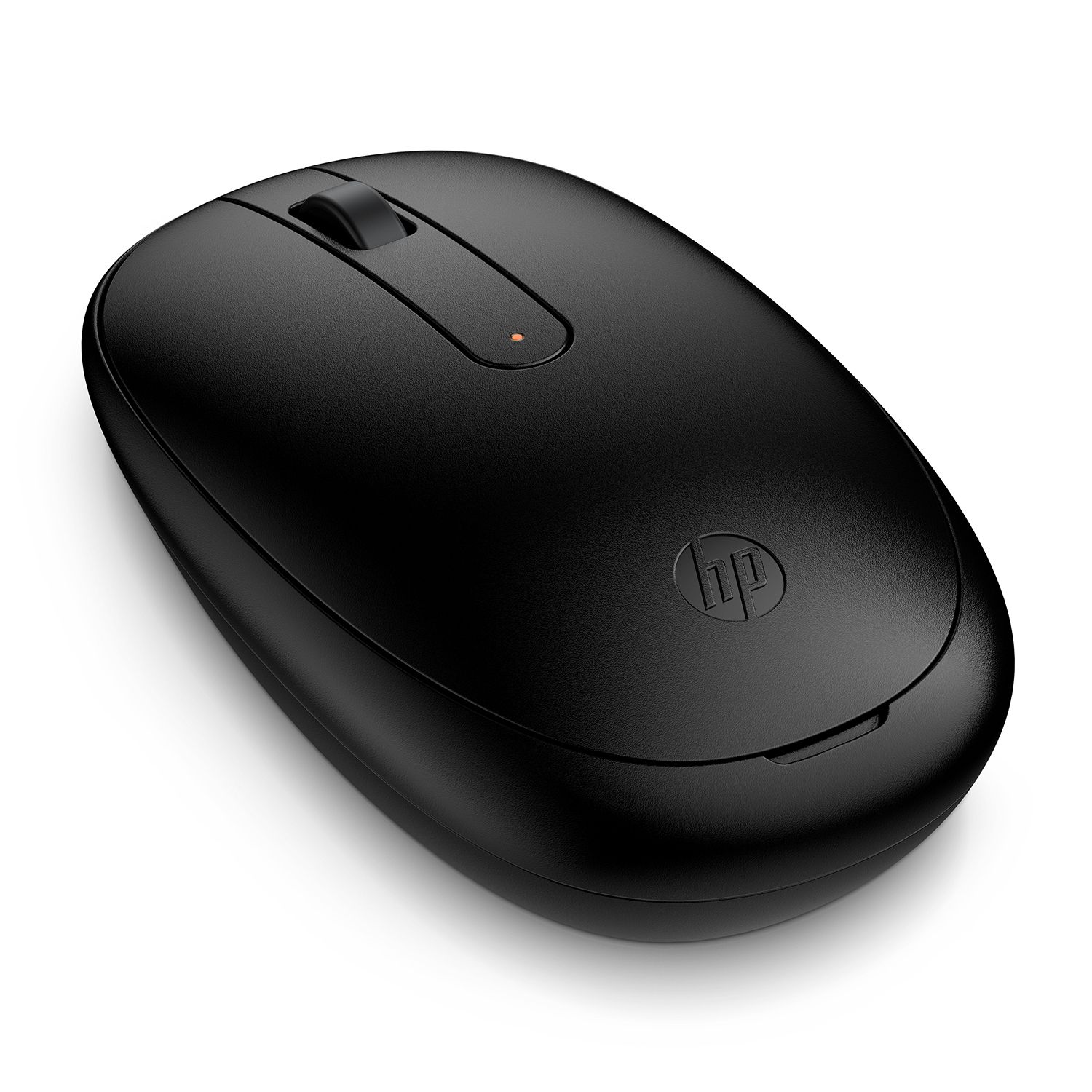 Schwarze kabellose HP-Maus auf weißem Hintergrund. Mit Scrollrad, Betriebsanzeige und HP-Logo.