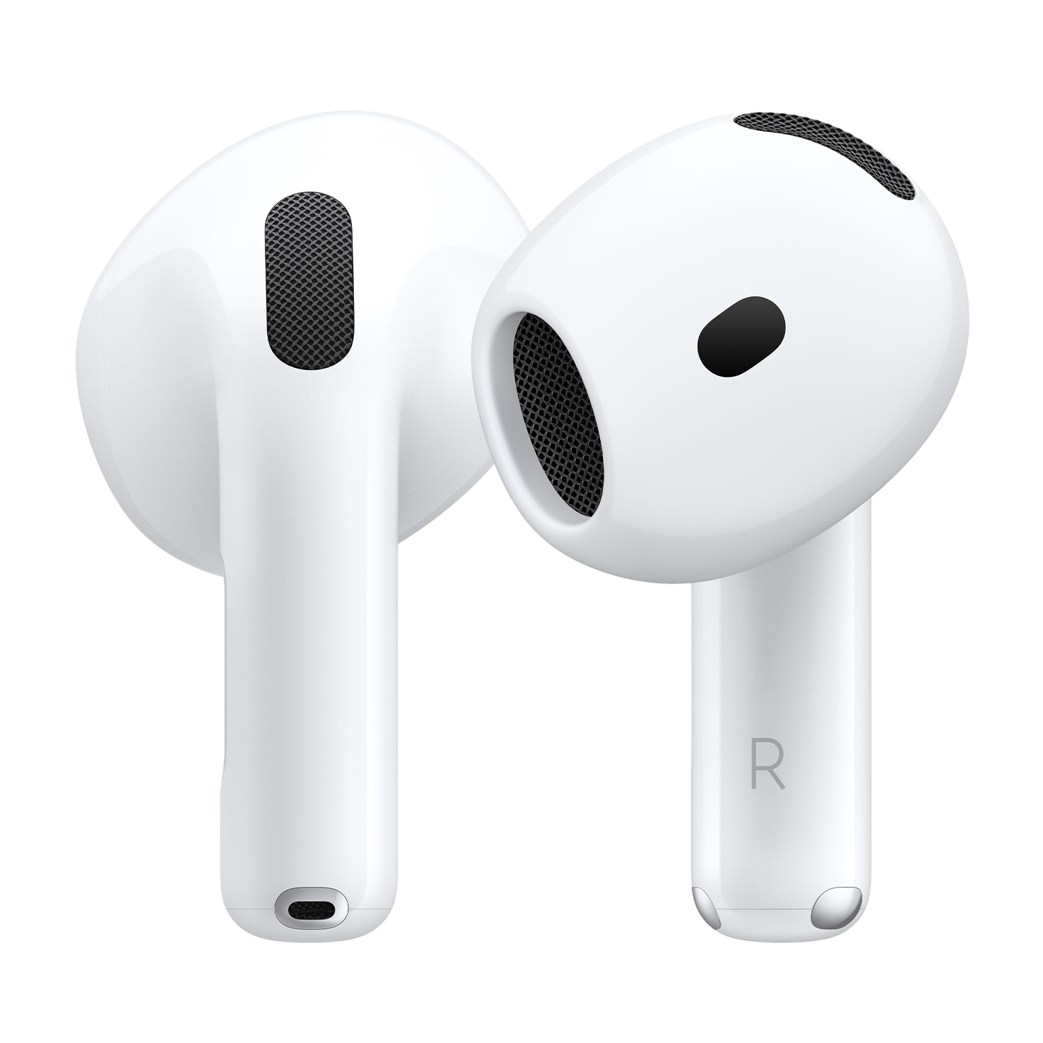 Dwie białe bezprzewodowe słuchawki. Każda ma otwór głośnika z siatki. Jeden ma 'R', a drugi czarną kropkę.