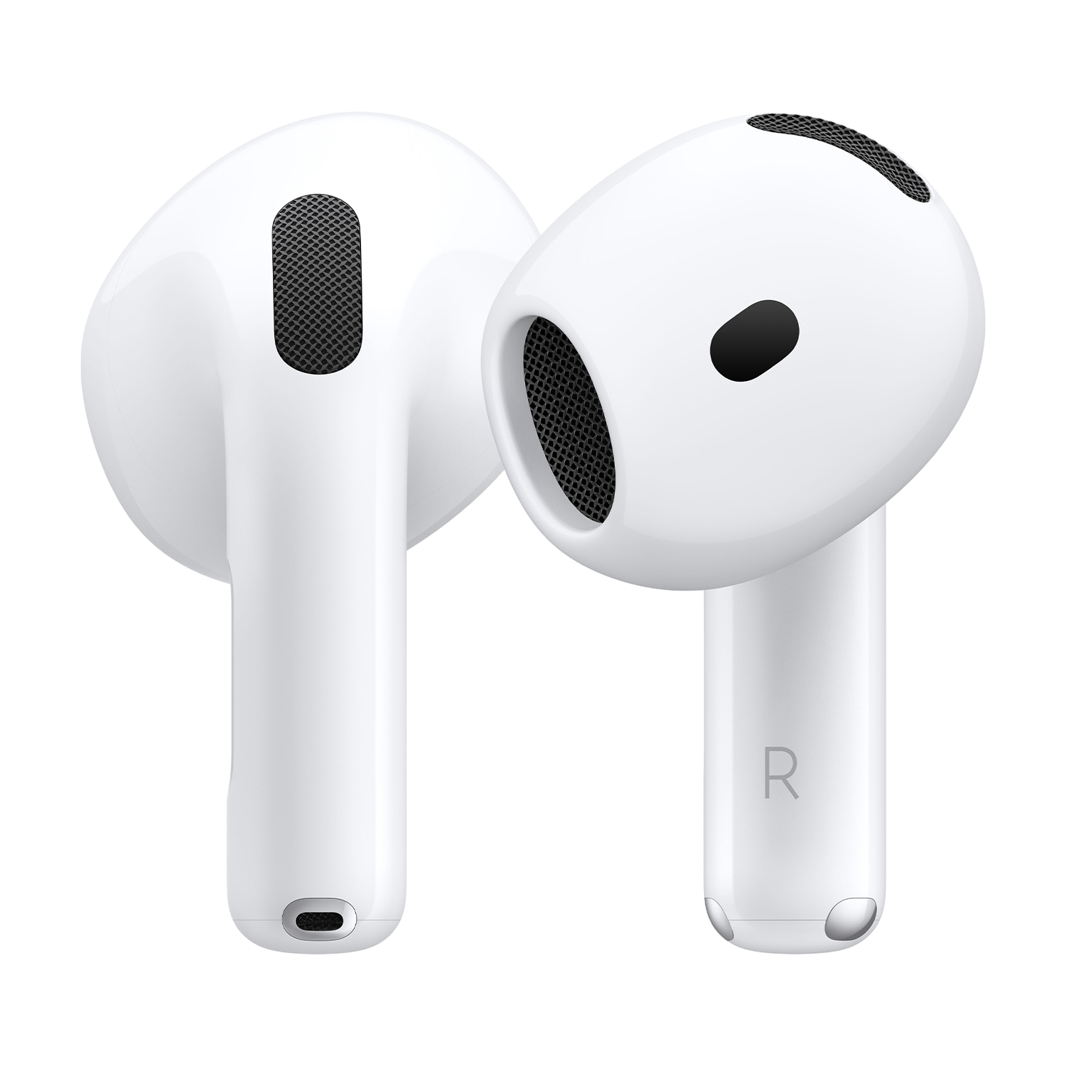 Dwa białe bezprzewodowe słuchawki. Prawy pokazuje 'R'. Słuchawki mają czarną siatkę na otworach.