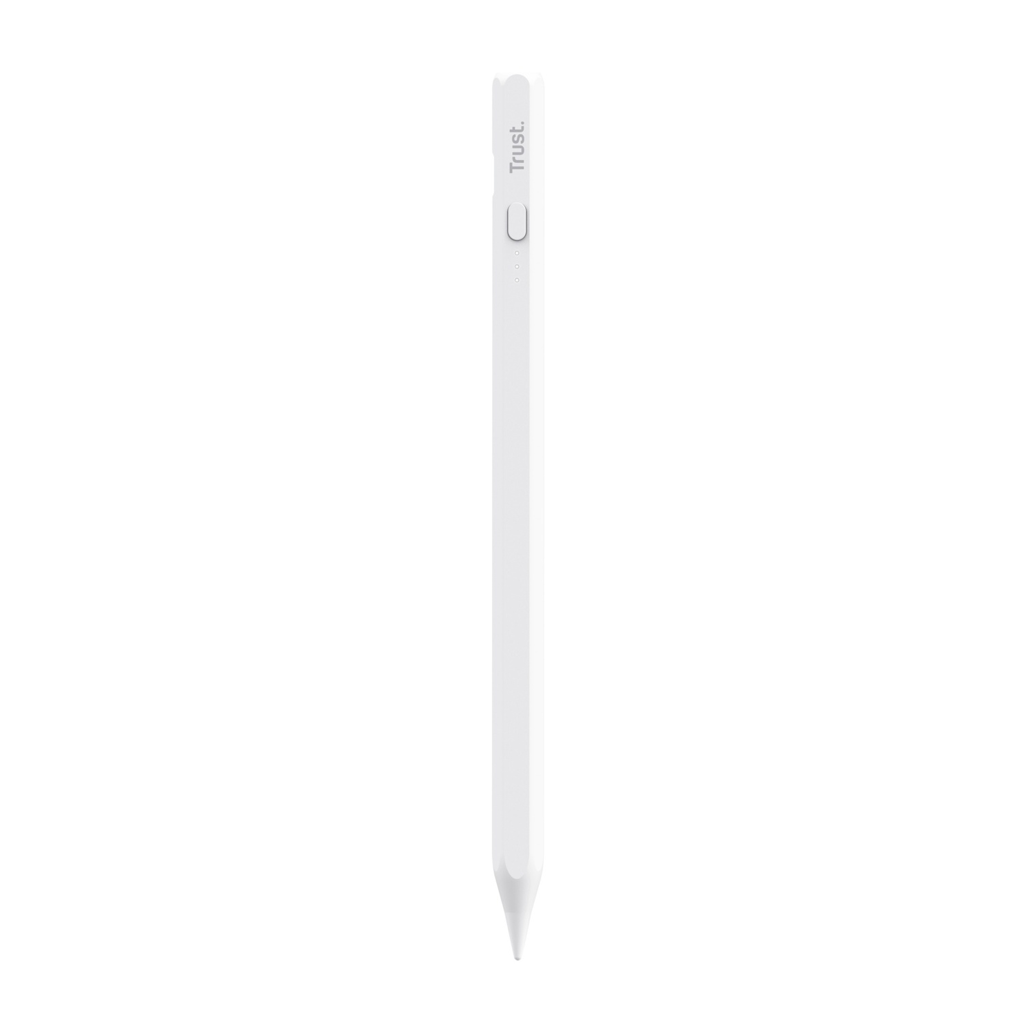Ein weißer Trust-Stift. Der Stift hat eine Taste und den Markennamen. Der Hintergrund ist weiß.