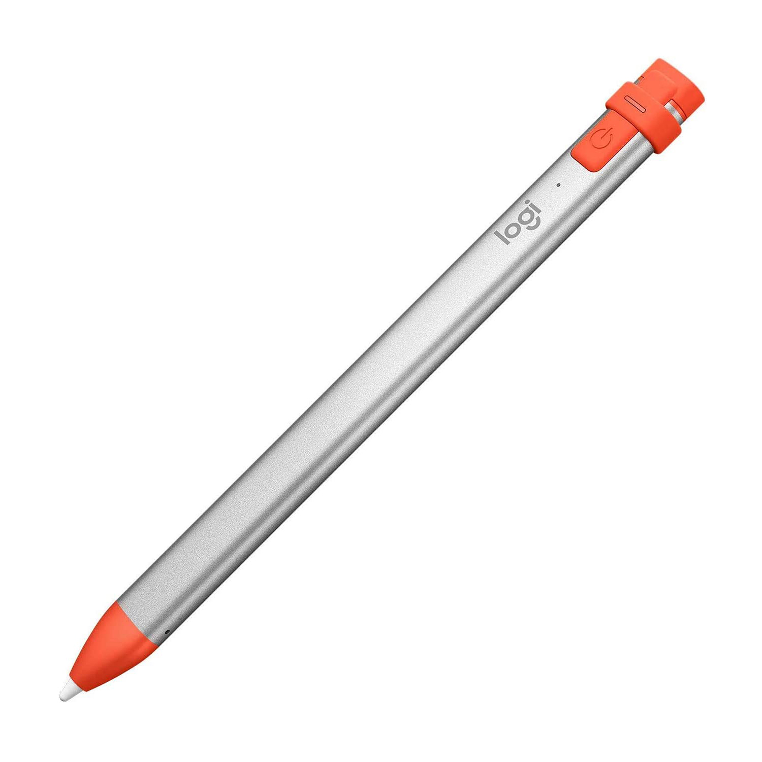 Ein silberner Stift mit orangefarbenen Akzenten. Er hat einen Ein-/Ausschalter, eine Schreibspitze und das Logo 'logi'. Der Hintergrund ist weiß.