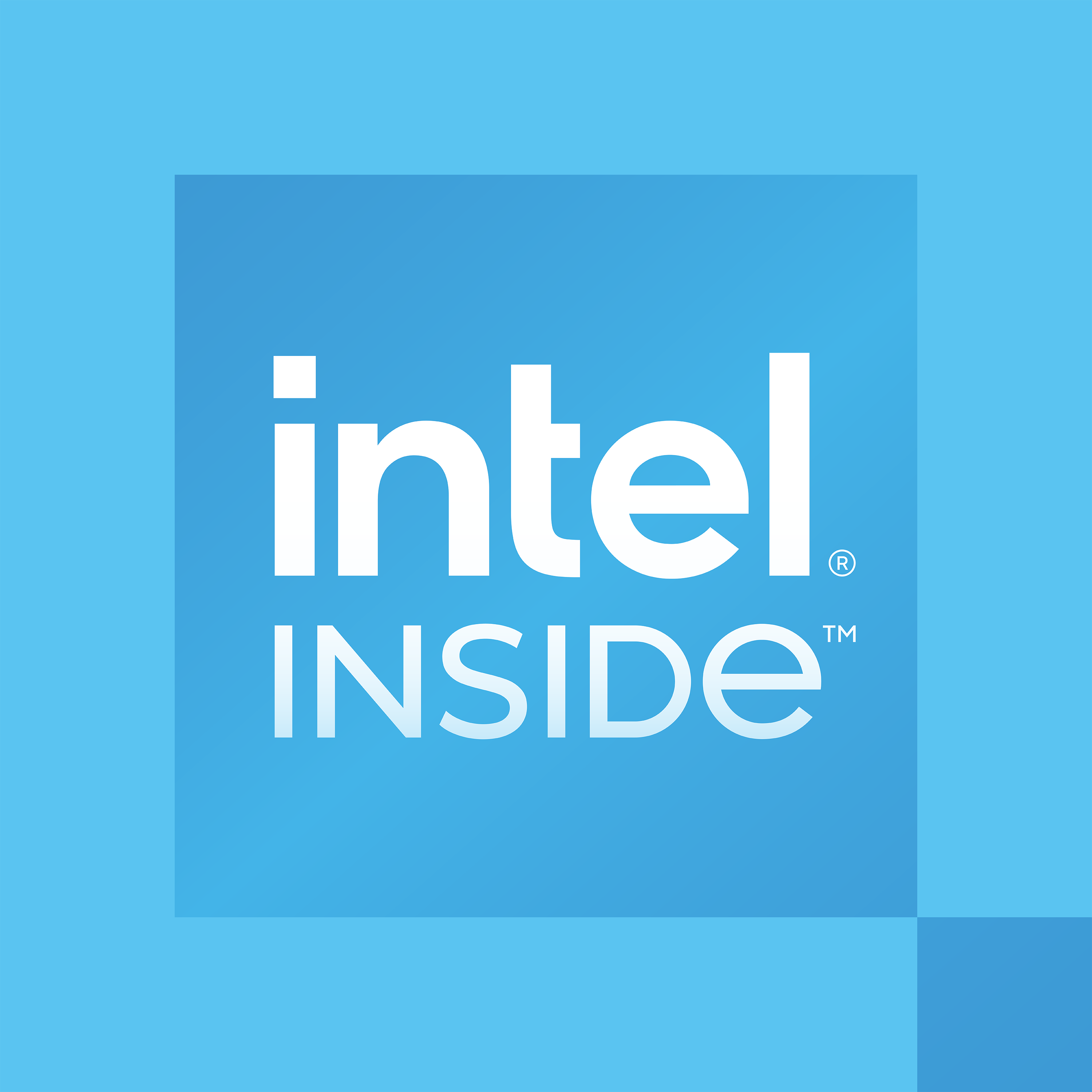 Il logo Intel Inside su sfondo blu. Il testo bianco dice Intel INSIDE. Un quadrato blu più chiaro incornicia il logo.