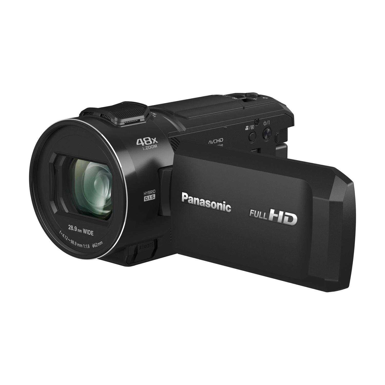Eine schwarze Panasonic-Videokamera, Objektiv nach links gerichtet. Sie hat 48x Zoom, Full HD und verschiedene Tasten. Das Objektiv ist Weitwinkel.