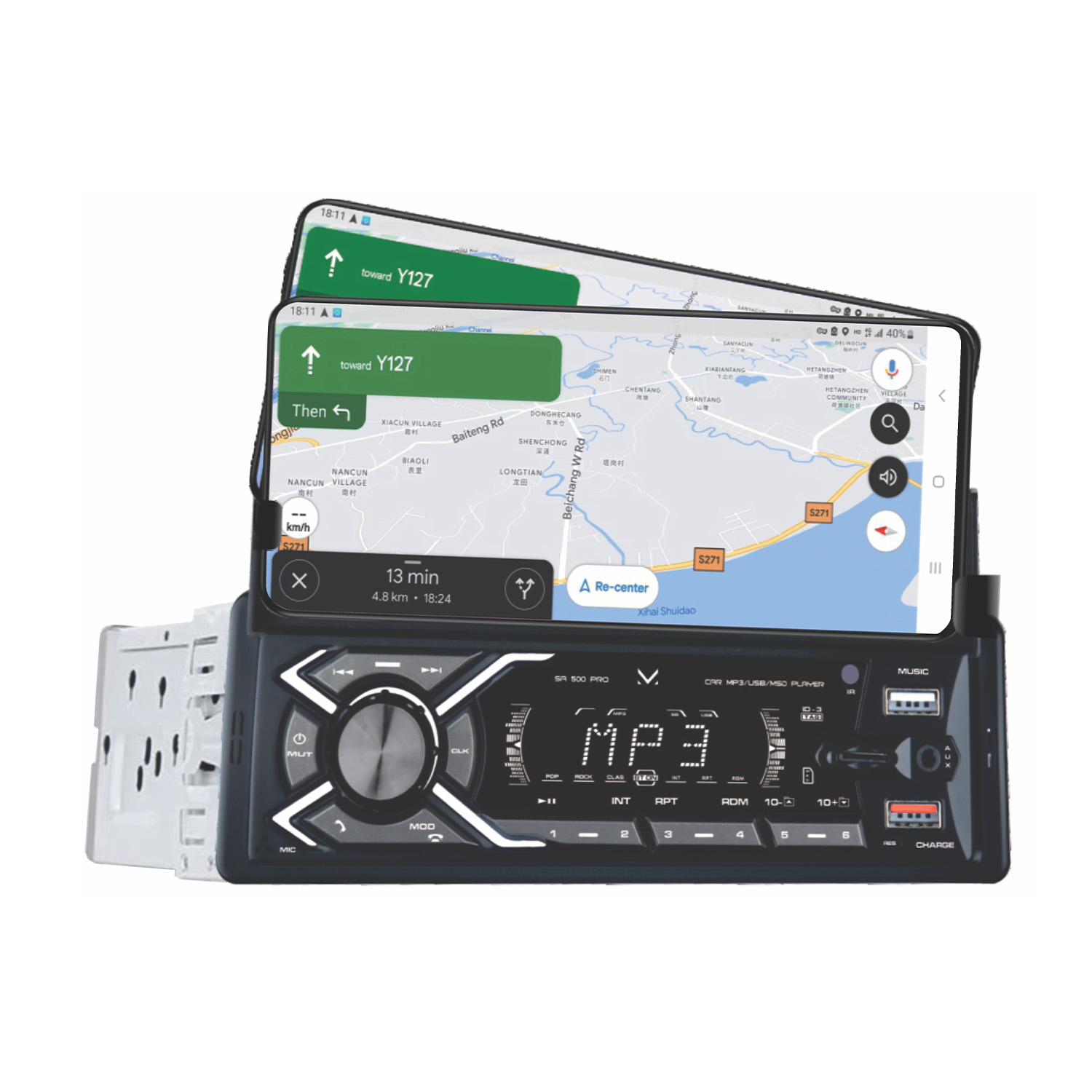 Autoradio mit Telefon, das eine Karte mit Navigation anzeigt. Das Radio hat Knöpfe und einen Bildschirm.