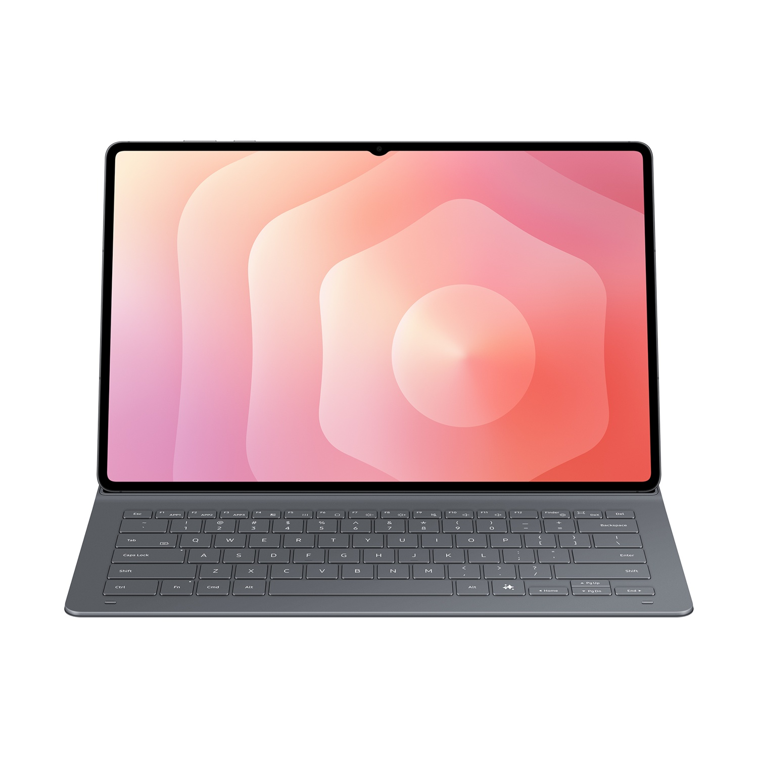 Tablette avec clavier. L'écran affiche un motif abstrait rose et orange. Le clavier est gris.