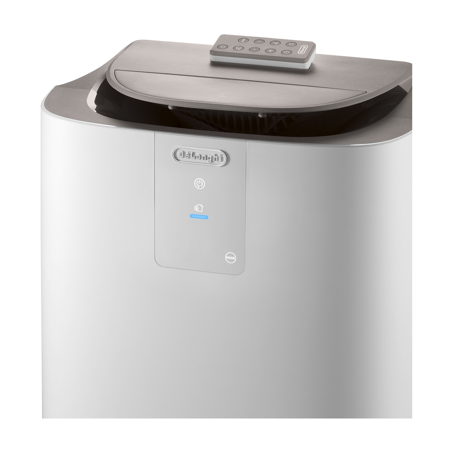 Un purificateur d'air DeLonghi blanc avec un dessus gris et une télécommande. Dispose de boutons marche/arrêt et mode avec une lumière bleue.