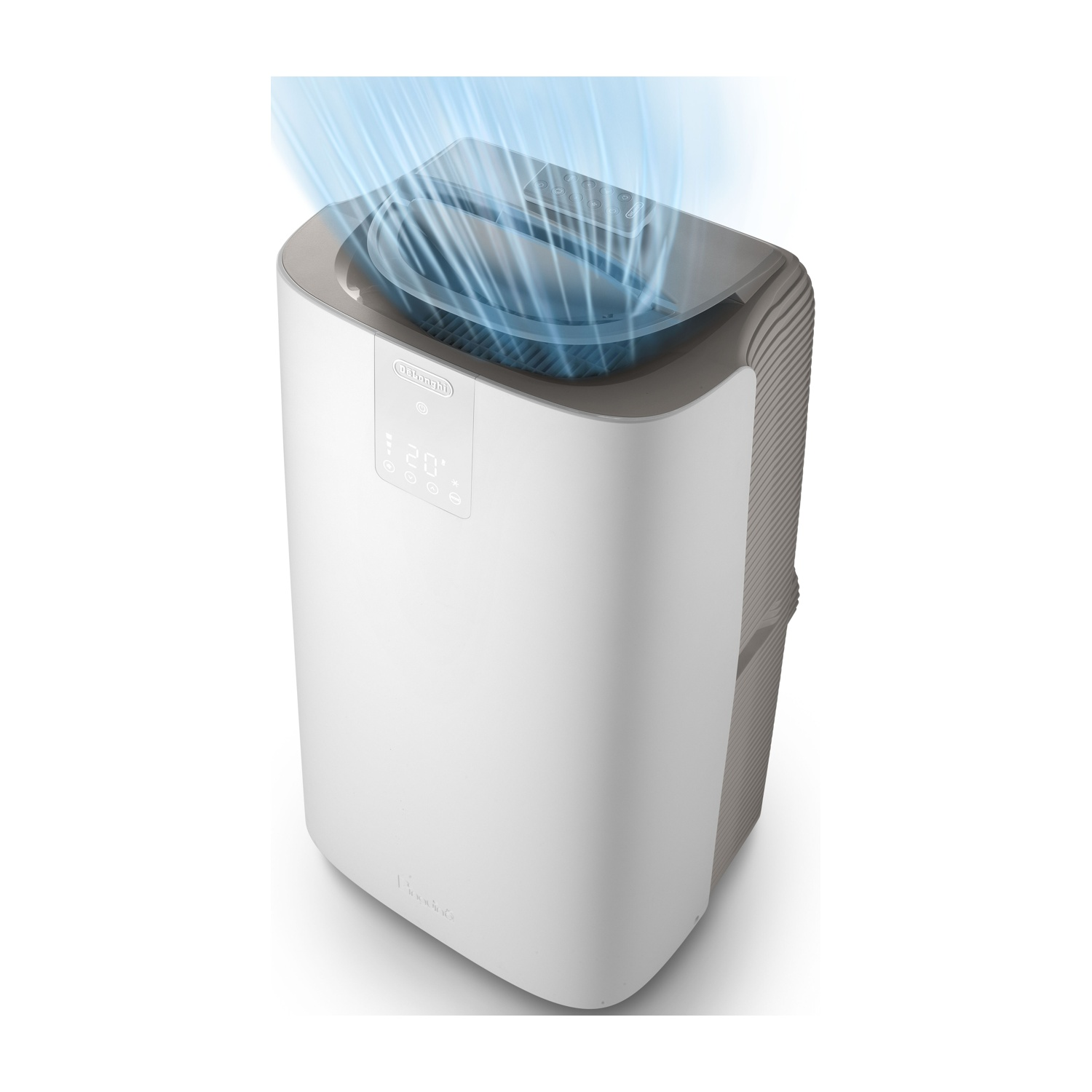 Purificateur d'air blanc et gris. Flux d'air bleu en haut. Affichage numérique '20'. Logo De'Longhi visible.