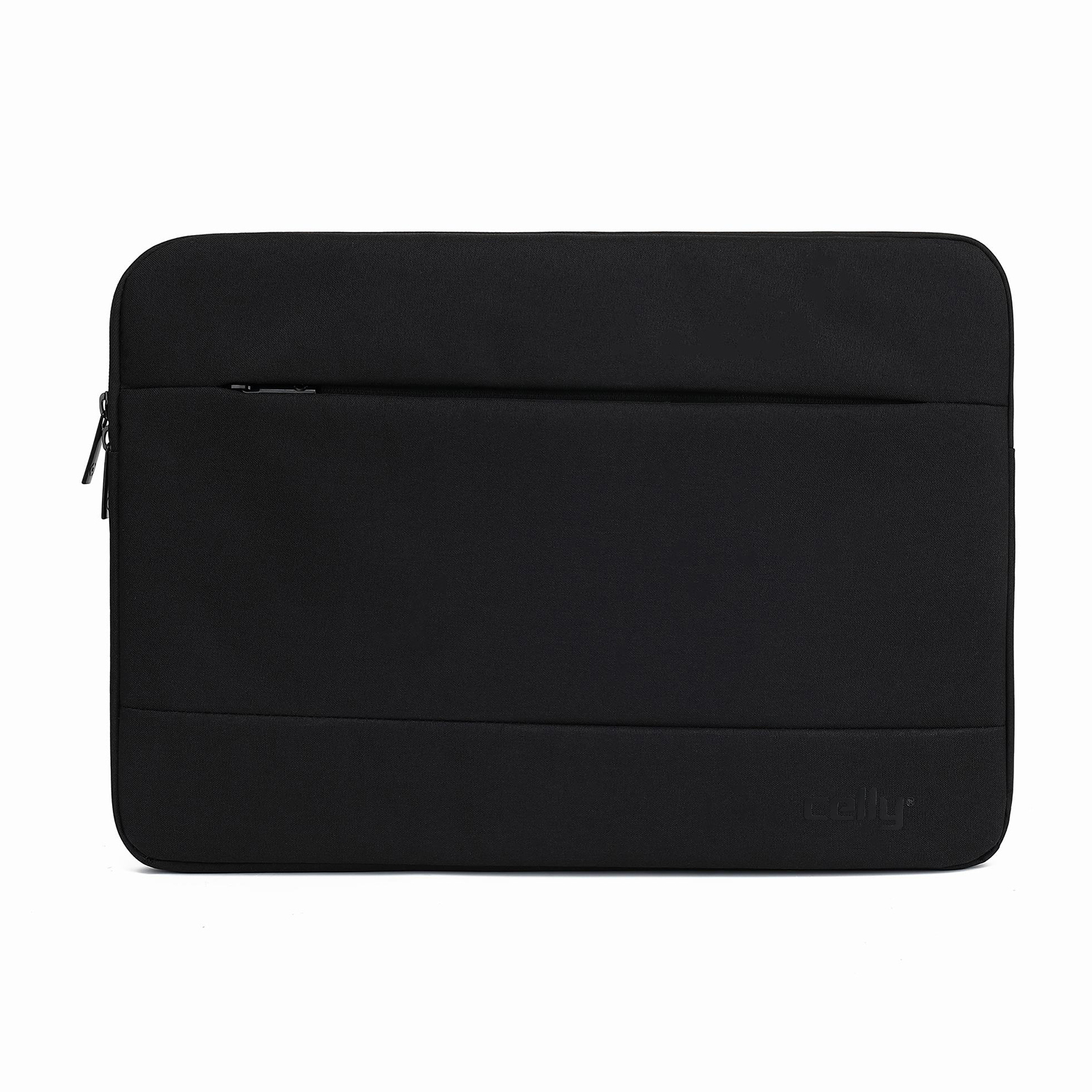 Eine schwarze Laptoptasche mit Reißverschluss. Die Tasche hat eine strukturierte Oberfläche und das Wort 'celly' ist dezent sichtbar.