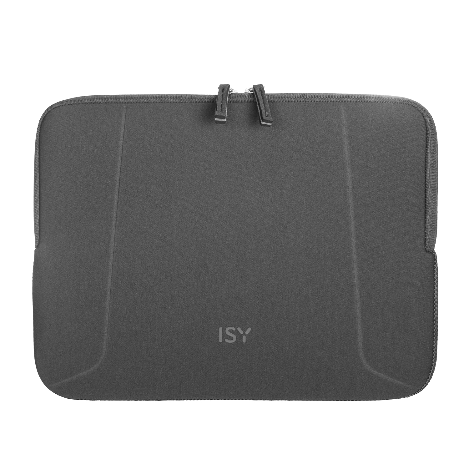 Eine graue Laptoptasche mit zwei Reißverschlüssen oben. Der Markenname 'ISY' ist unten sichtbar.