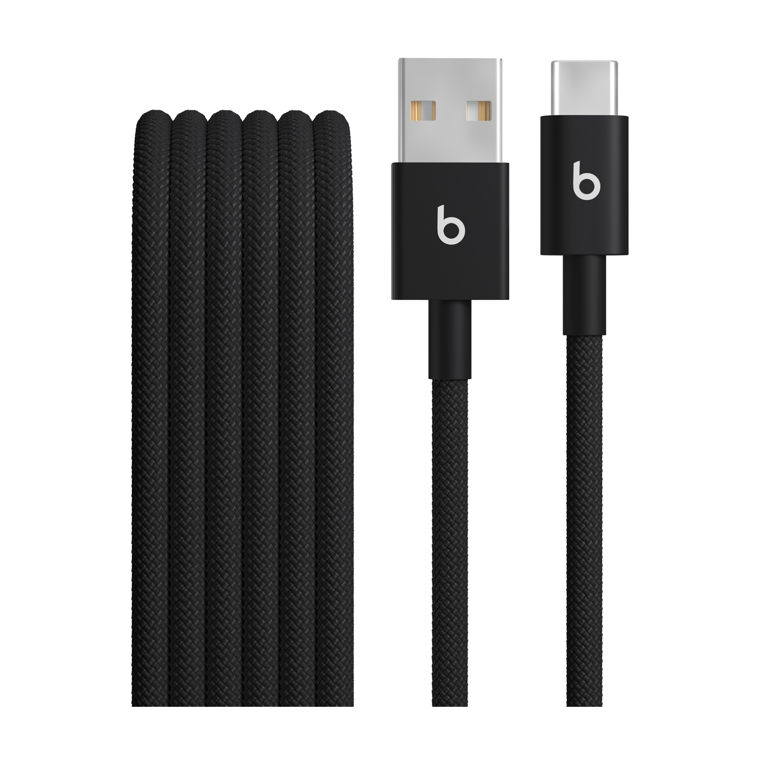 Schwarzes USB-Kabel mit geflochtener Textur. Ein Ende ist USB-A, das andere USB-C. Das Kabel hat ein 'b' Logo auf beiden Anschlüssen.