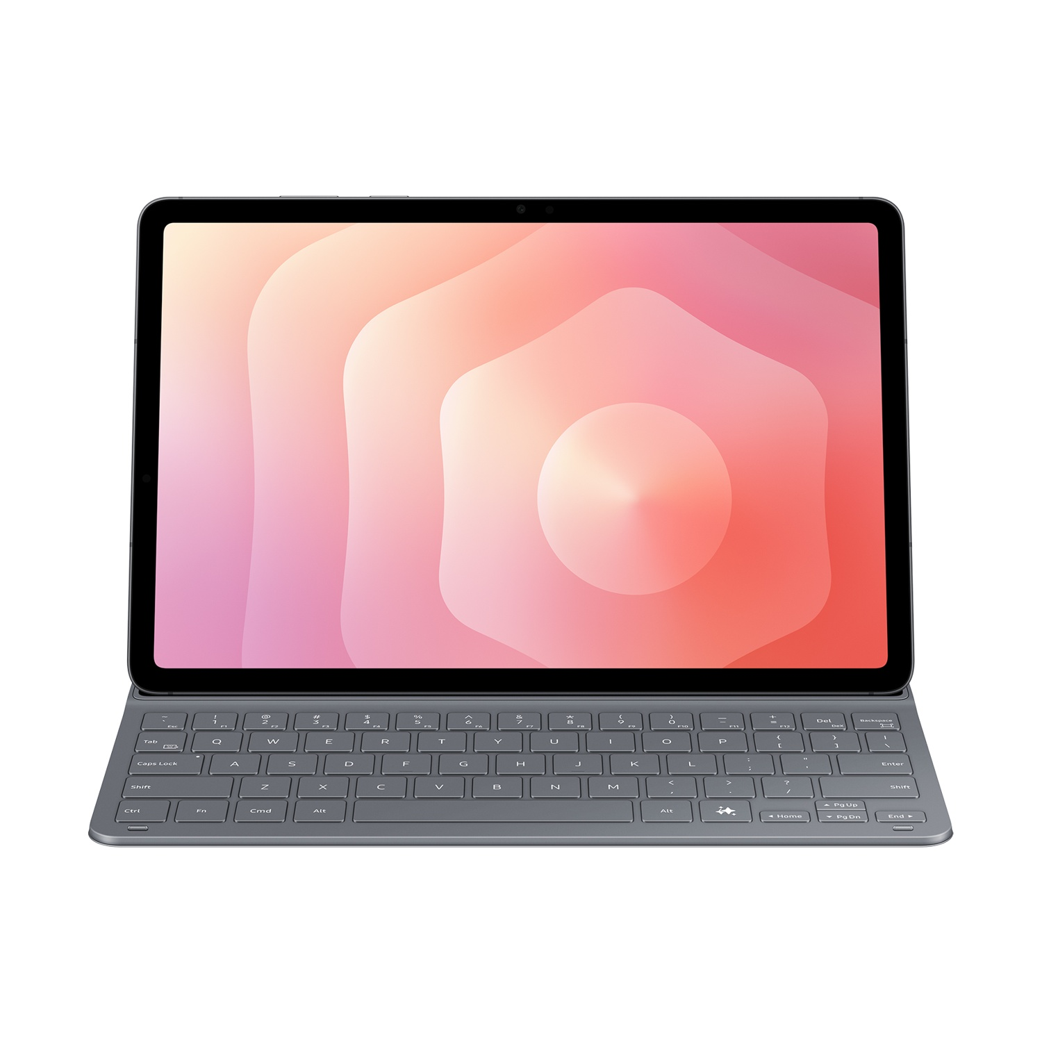 Un tablet con tastiera collegata è visualizzato. Lo schermo del tablet mostra un design astratto arancione chiaro e rosa.