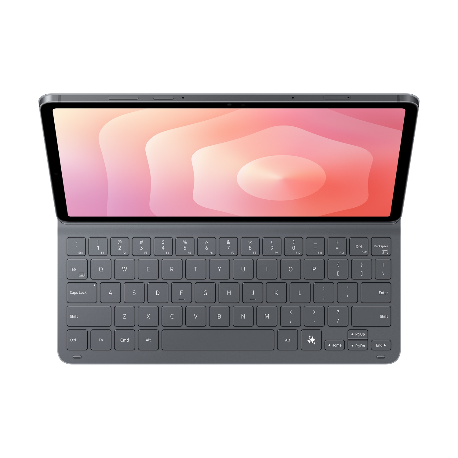 Un tablet con tastiera staccabile. Lo schermo mostra un design astratto rosa e arancione. La tastiera è grigio scuro.