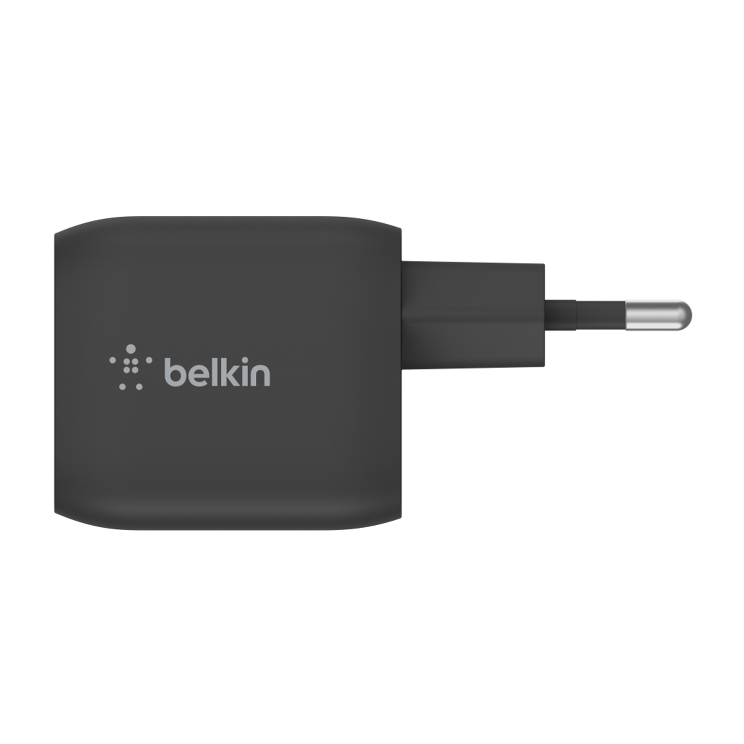 A black Belkin wall charger with a European plug. The charger is square with rounded edges. The plug has silver metal tips.