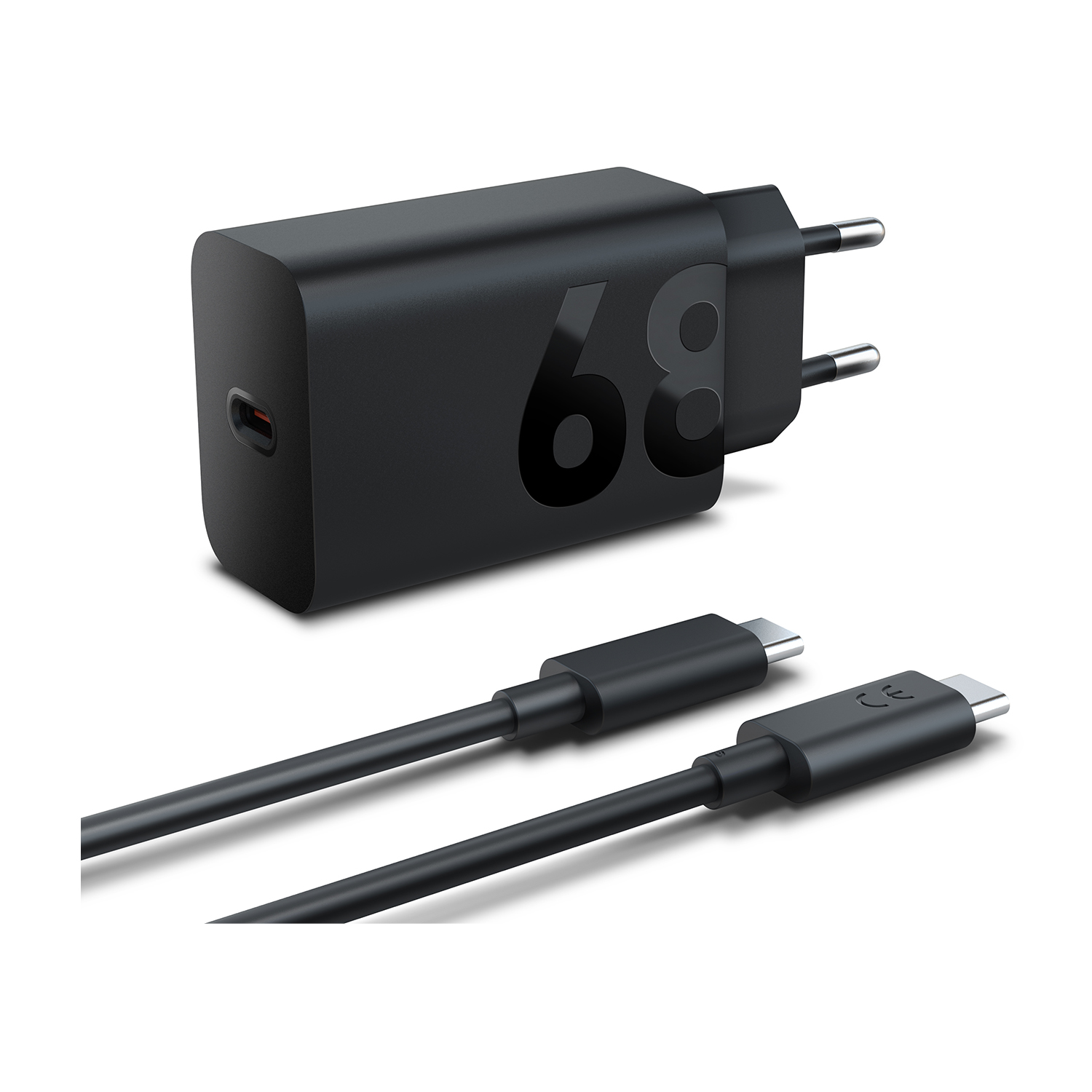 Schwarzes Ladegerät mit '68', Stecker und zwei schwarzen USB-C-Kabeln auf weißem Hintergrund. Das Ladegerät ist rechteckig.