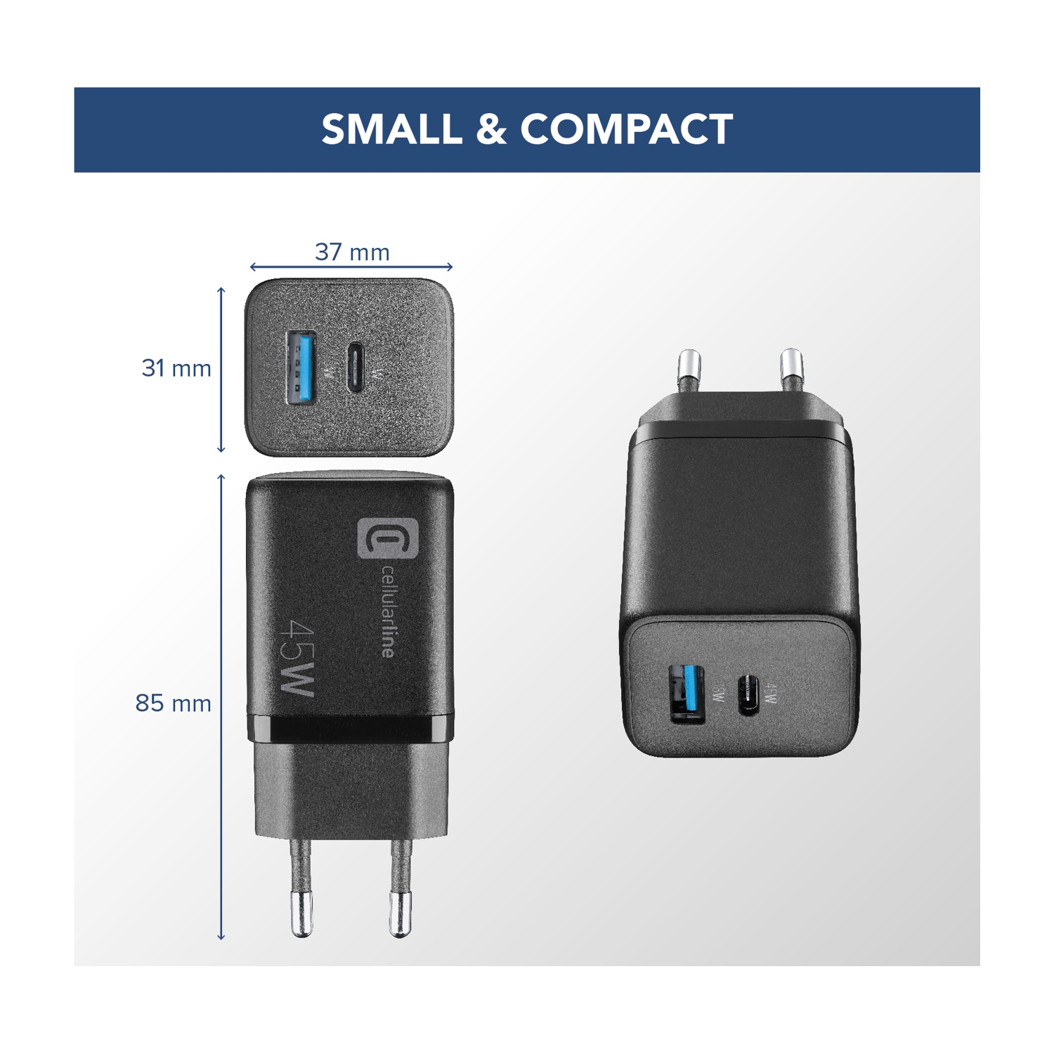 Sono visualizzati tre caricabatterie per cellulari neri. Vengono mostrate le misure. Un caricabatterie è collegato. Quello superiore mostra una porta USB.