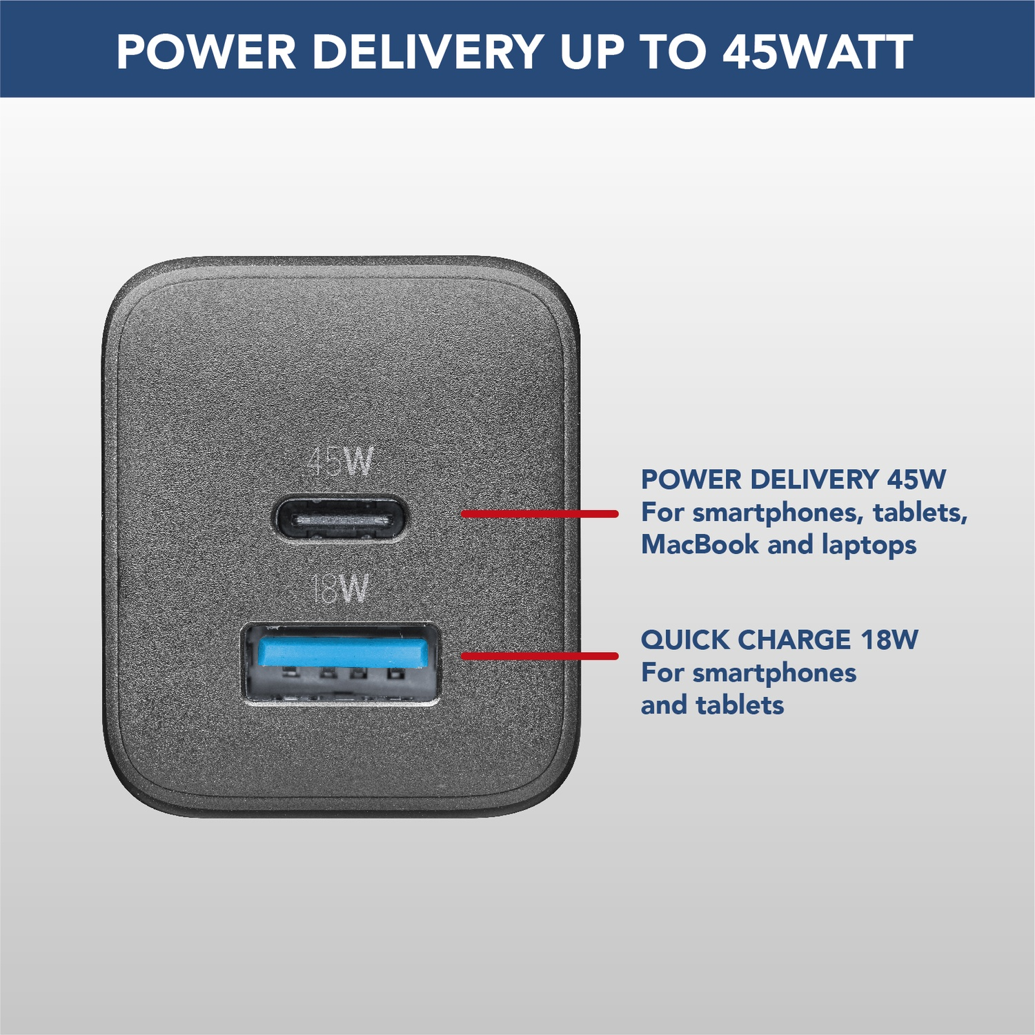 Un adattatore di alimentazione grigio con due porte da 45W e 18W. Il testo indica l'alimentazione per vari dispositivi.