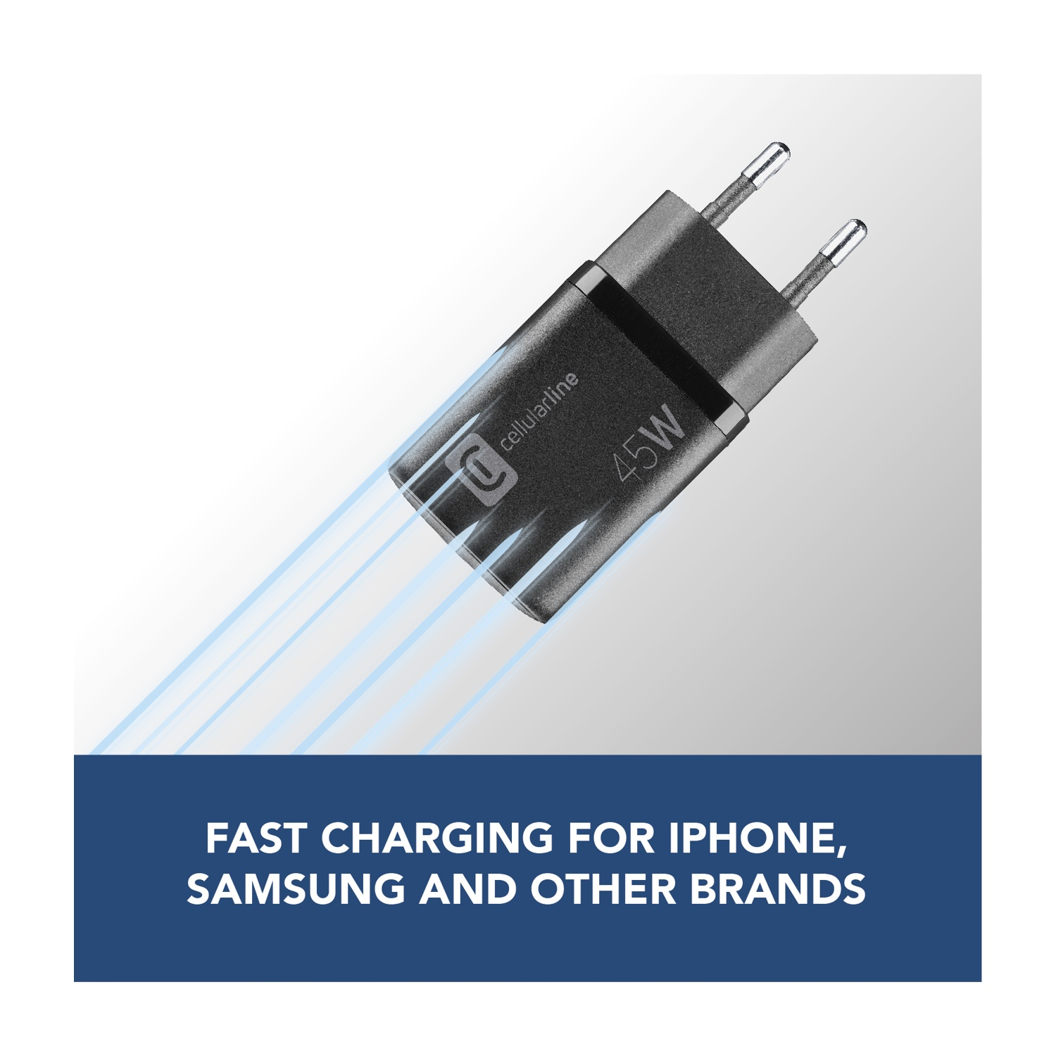 Un caricabatterie nero da 45 W inclinato su uno sfondo sfumato, con la scritta "FAST CHARGING FOR IPHONE, SAMSUNG AND OTHER BRANDS".