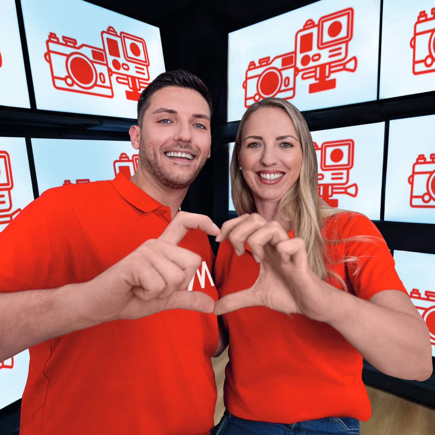 Mężczyzna i kobieta w czerwonych koszulkach robią serce dłońmi. Tło ma logo aparatu na ekranach.