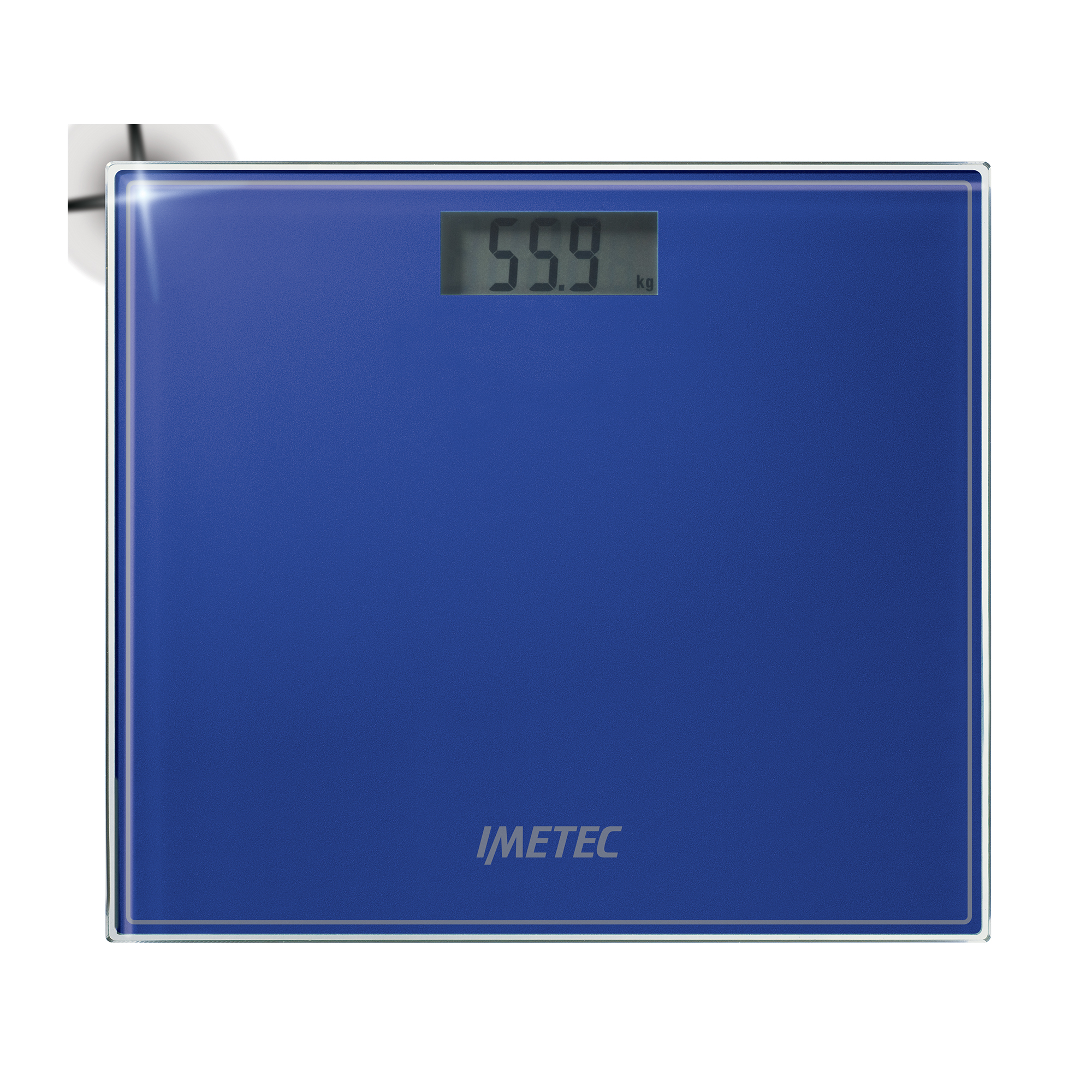 Una báscula digital azul de baño muestra 55,9 kg. La marca 'IMETEC' es visible. La báscula está sobre un fondo blanco.