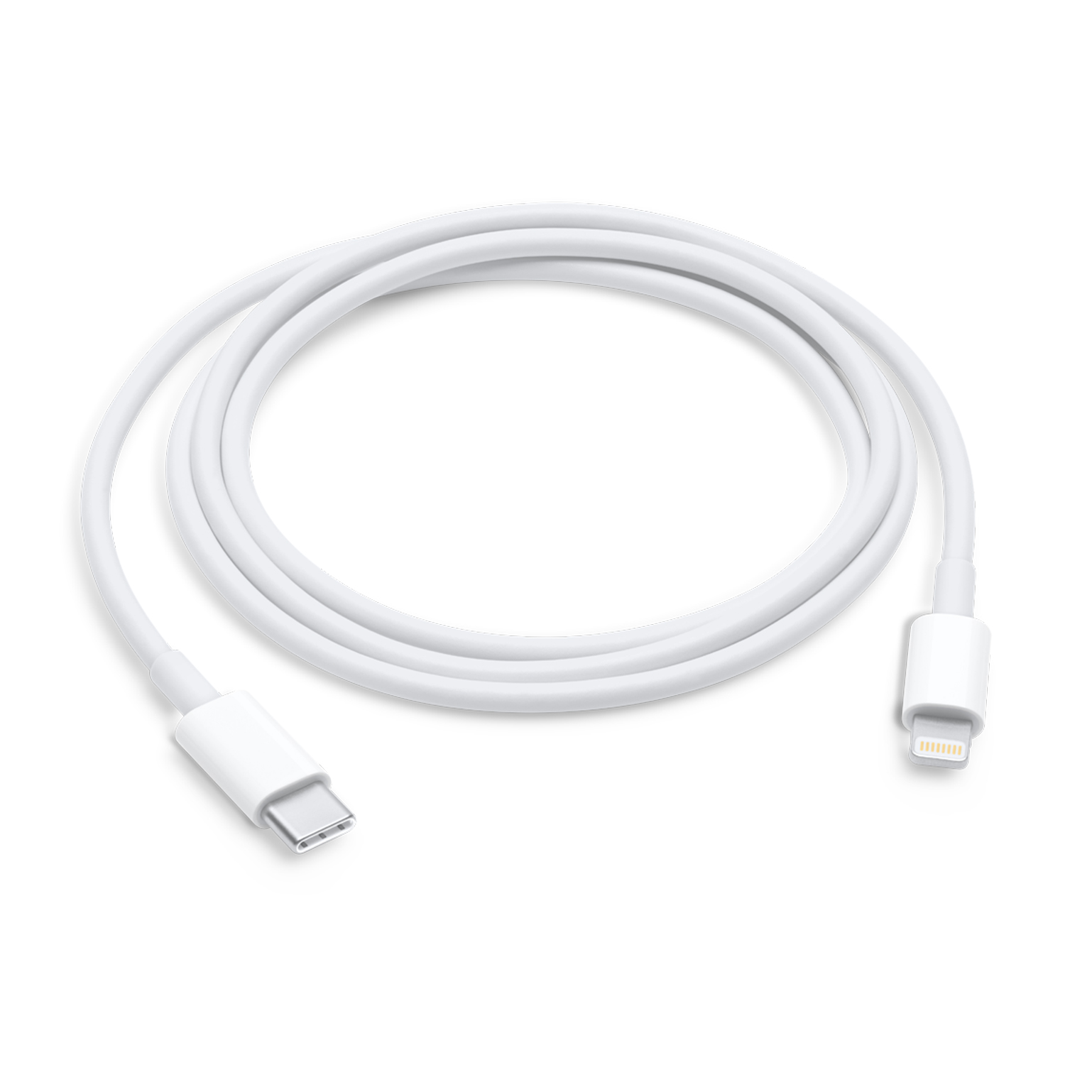 Biały kabel ładujący, USB-C do Lightning. Jest zwinięty na białym tle. Złącza znajdują się na końcach kabla.