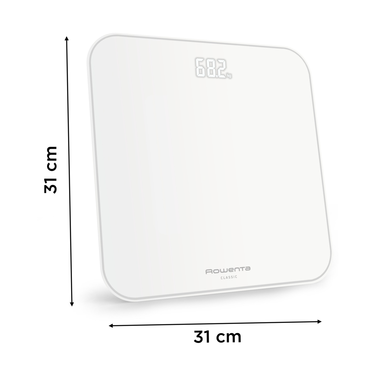 Eine weiße digitale Badezimmerwaage zeigt 68,2 kg an. Sie hat abgerundete Ecken, mit 'Rowenta Classic' darauf geschrieben. Maße sind 31 cm x 31 cm.
