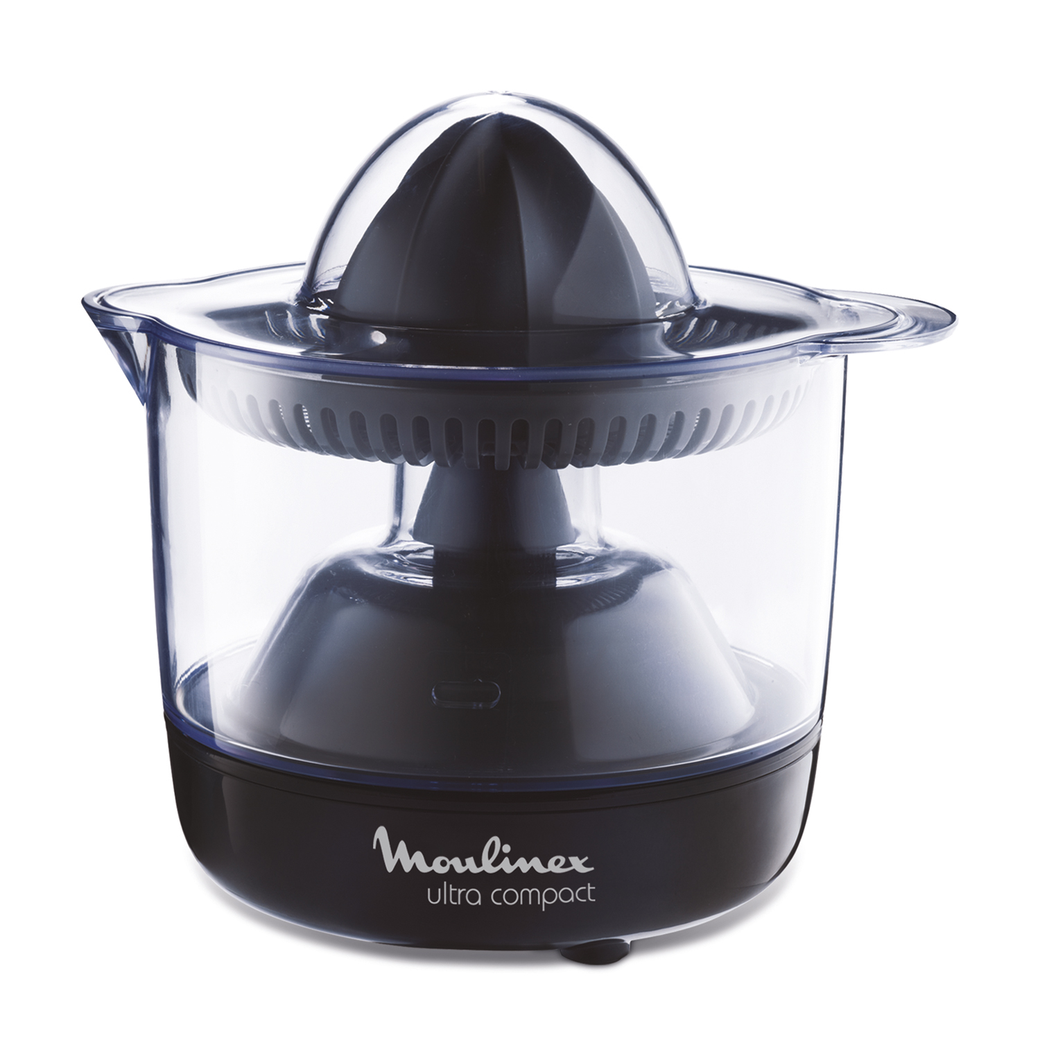 Czarna i przezroczysta wyciskarka do cytrusów Moulinex Ultra Compact. Posiada stożek, sitko i przezroczysty pojemnik. Białe tło.