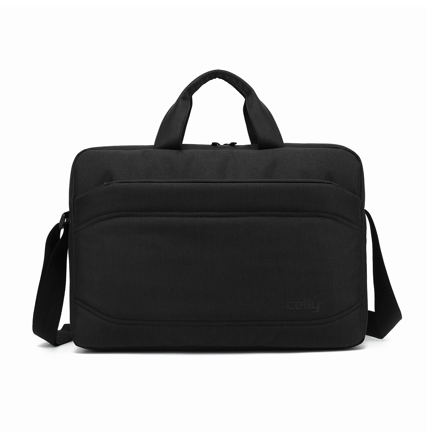 Eine schwarze Laptoptasche mit Griff und Schulterriemen auf weißem Hintergrund. Die Tasche hat eine Vordertasche und der Markenname ist sichtbar.