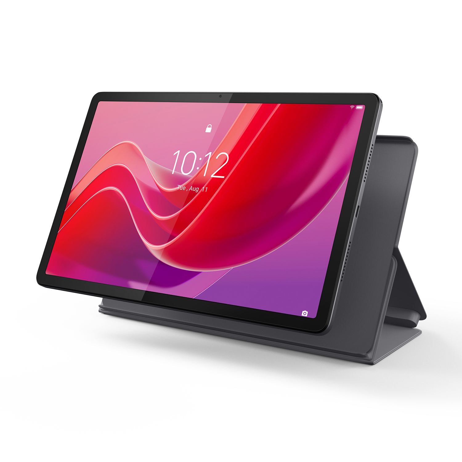 Tablet mit rotem und lila Bildschirm, der die Uhrzeit anzeigt. Es steht auf einem grauen Ständer vor weißem Hintergrund.