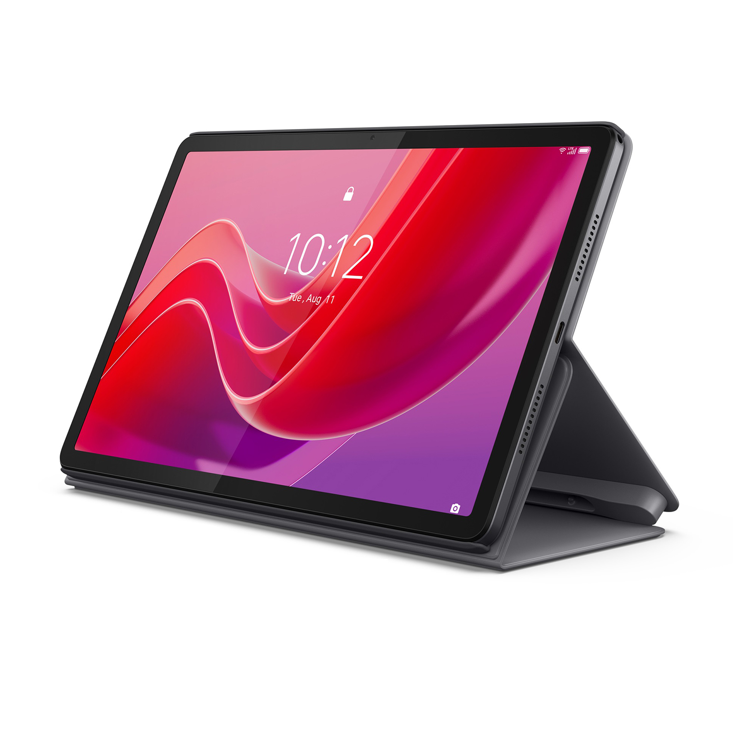 Ein Tablet mit rotem und lila Bildschirm zeigt die Uhrzeit. Es befindet sich in einem grauen Gehäuse und ist auf einer weißen Oberfläche angewinkelt.