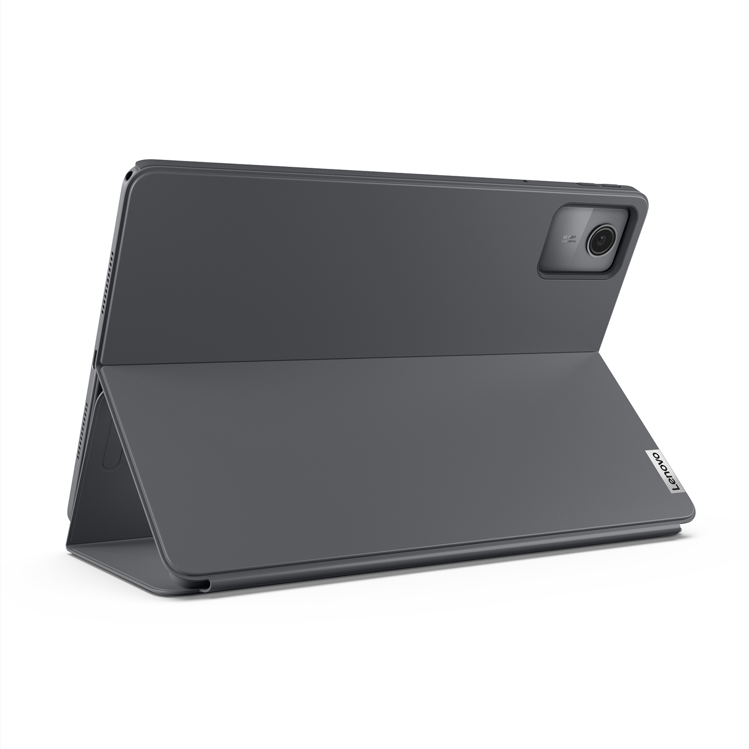 Ein graues Lenovo-Tablet mit Schutzhülle. Die Hülle ist zu einem Ständer gefaltet. Das Tablet hat eine Kamera auf der Rückseite.