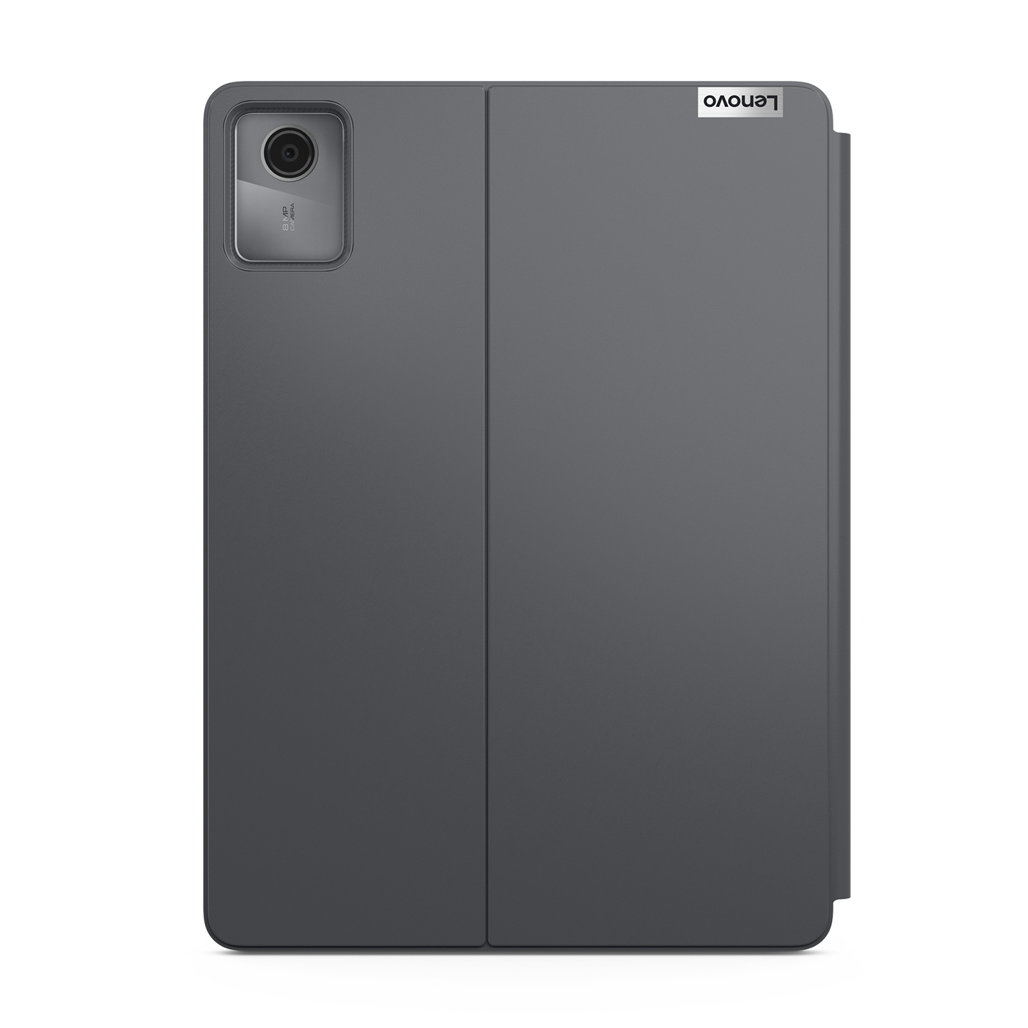 Graue Lenovo-Tablet-Hülle. Kamera links, Lenovo-Logo oben rechts.